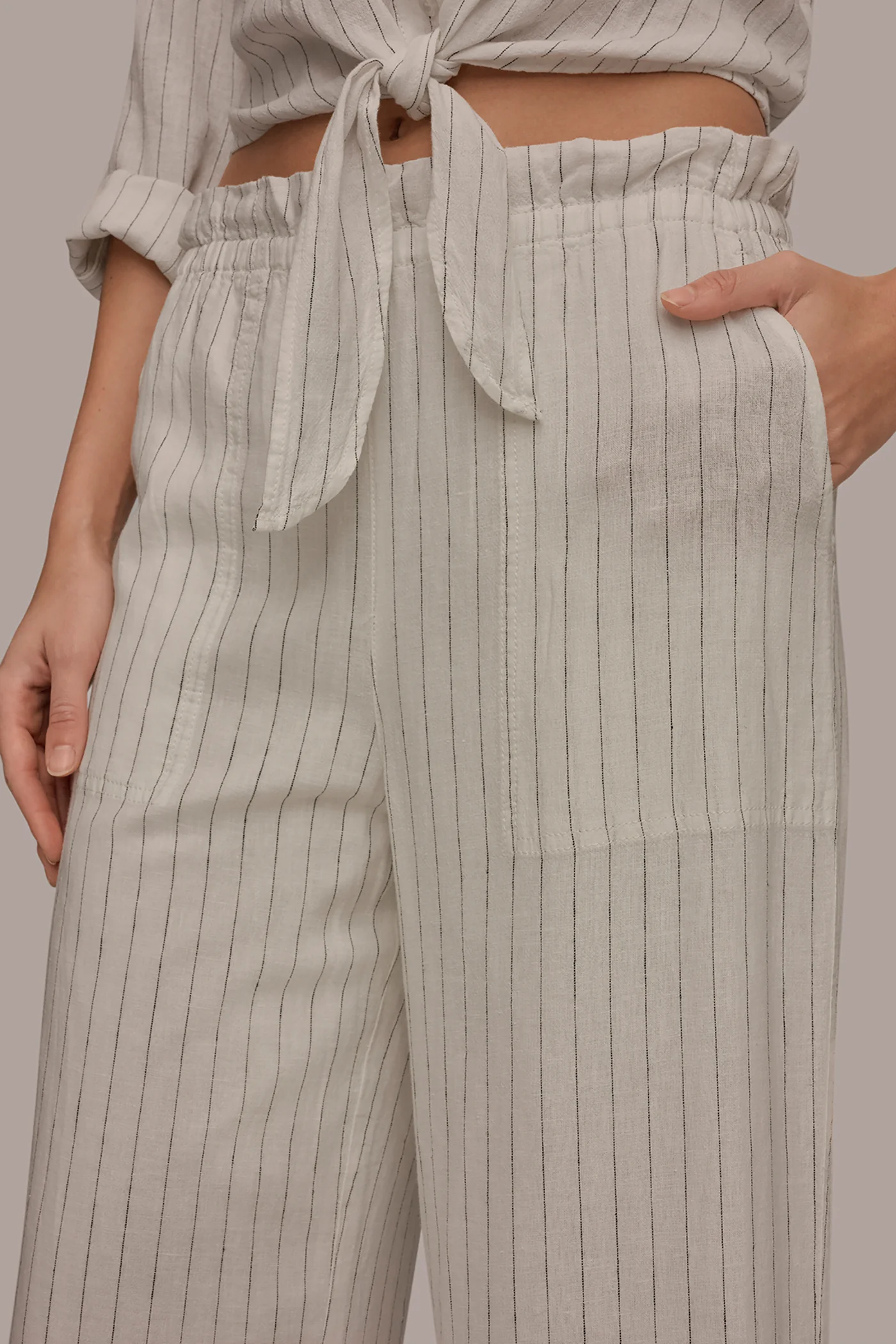 LINEN CROPPED HIGH-RISE PINSTRIPED PAPERBAG PANT - VXVOV