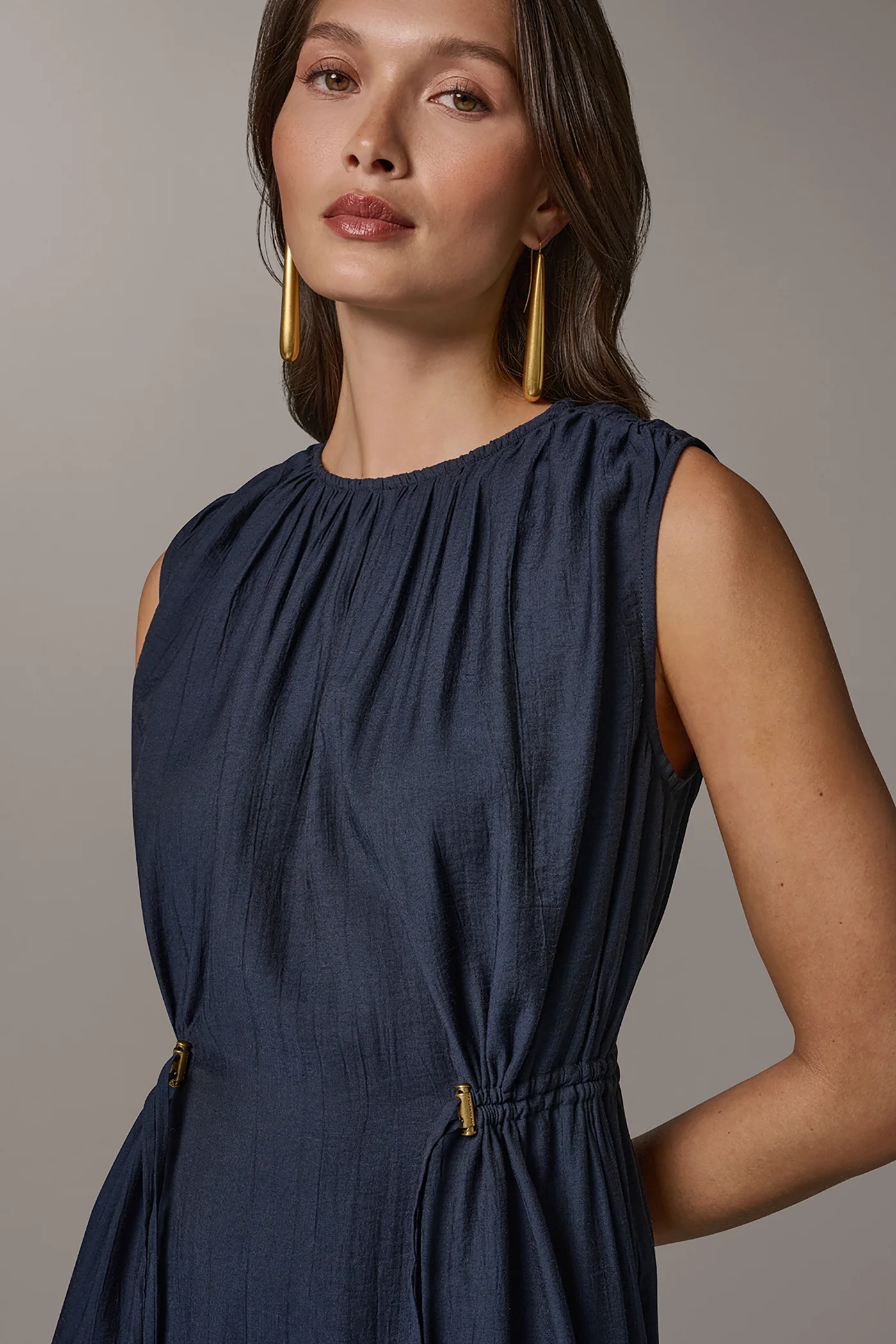 SLEEVELESS DRAWSTRING WAIST MIDI A-LINE DRESS - VXVOV