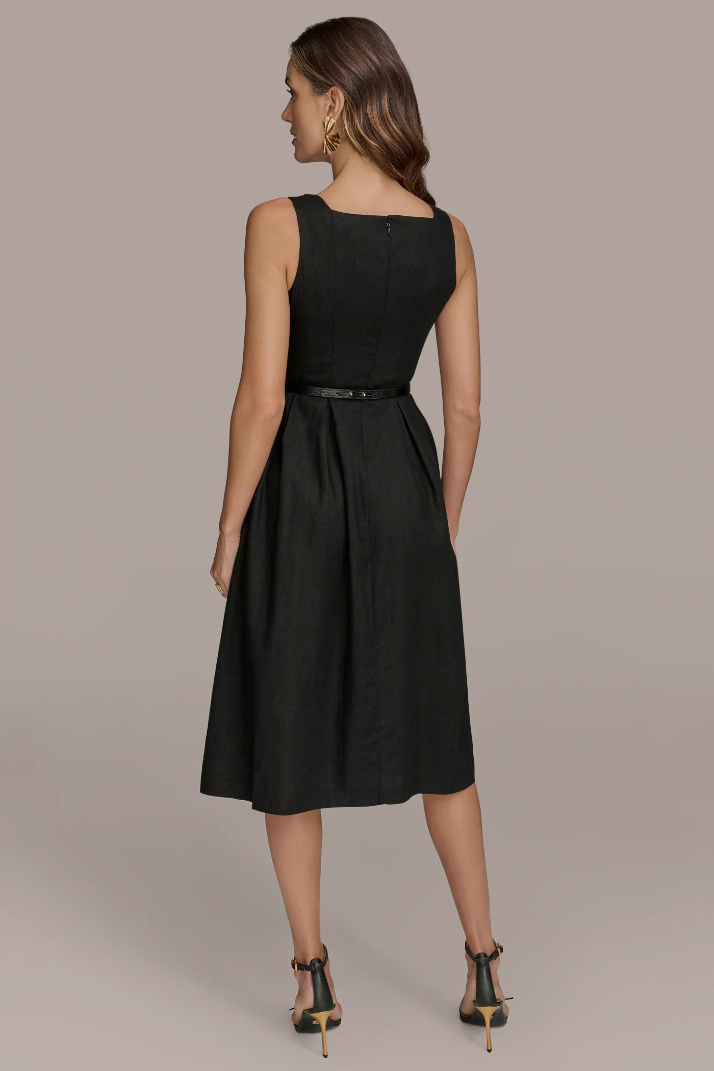 LINEN-BLEND SLEEVELESS SQUARE-NECK DRESS - VXVOV