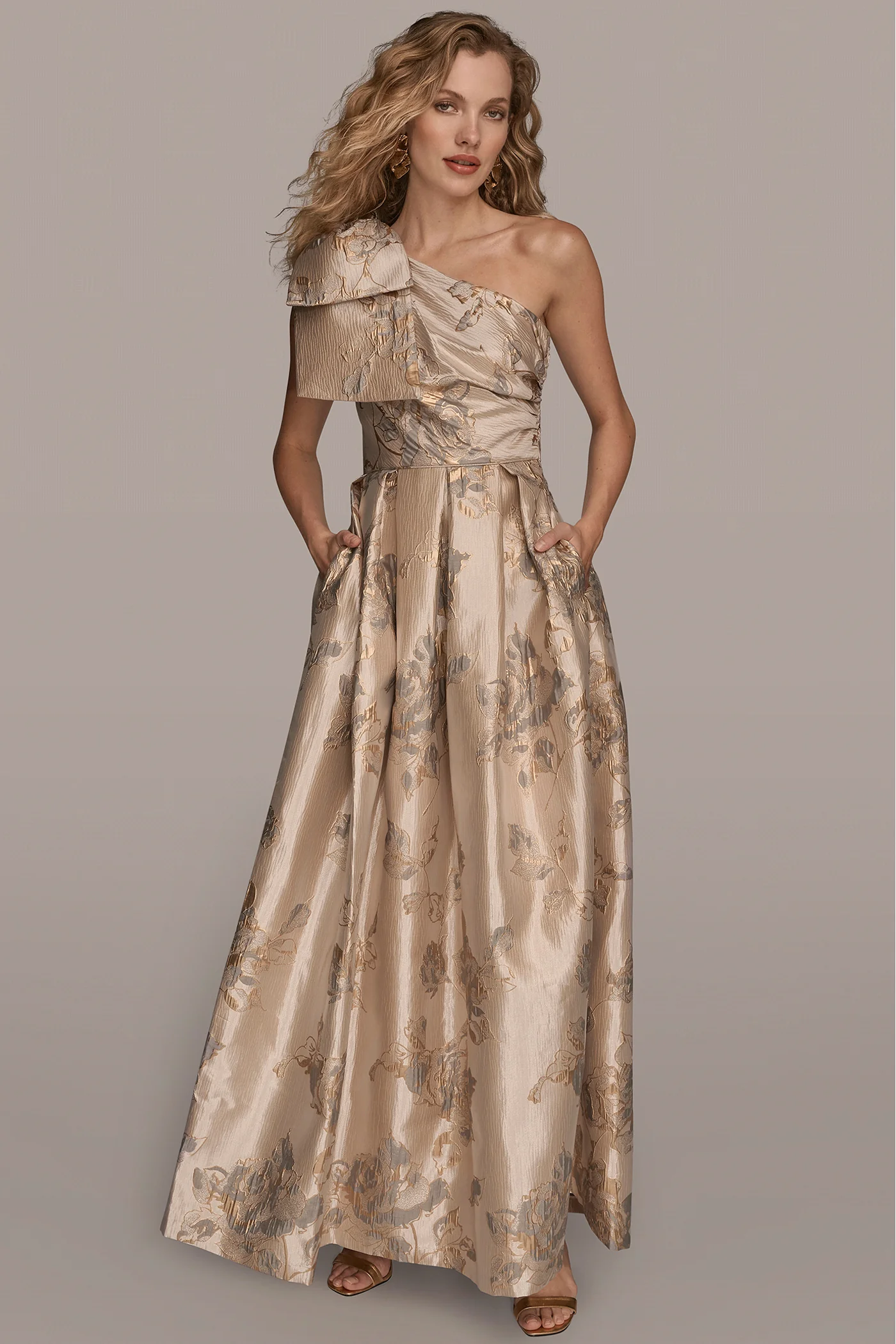 FLORAL-JACQUARD ONE-SHOULDER BOW BALL GOWN - VXVOV