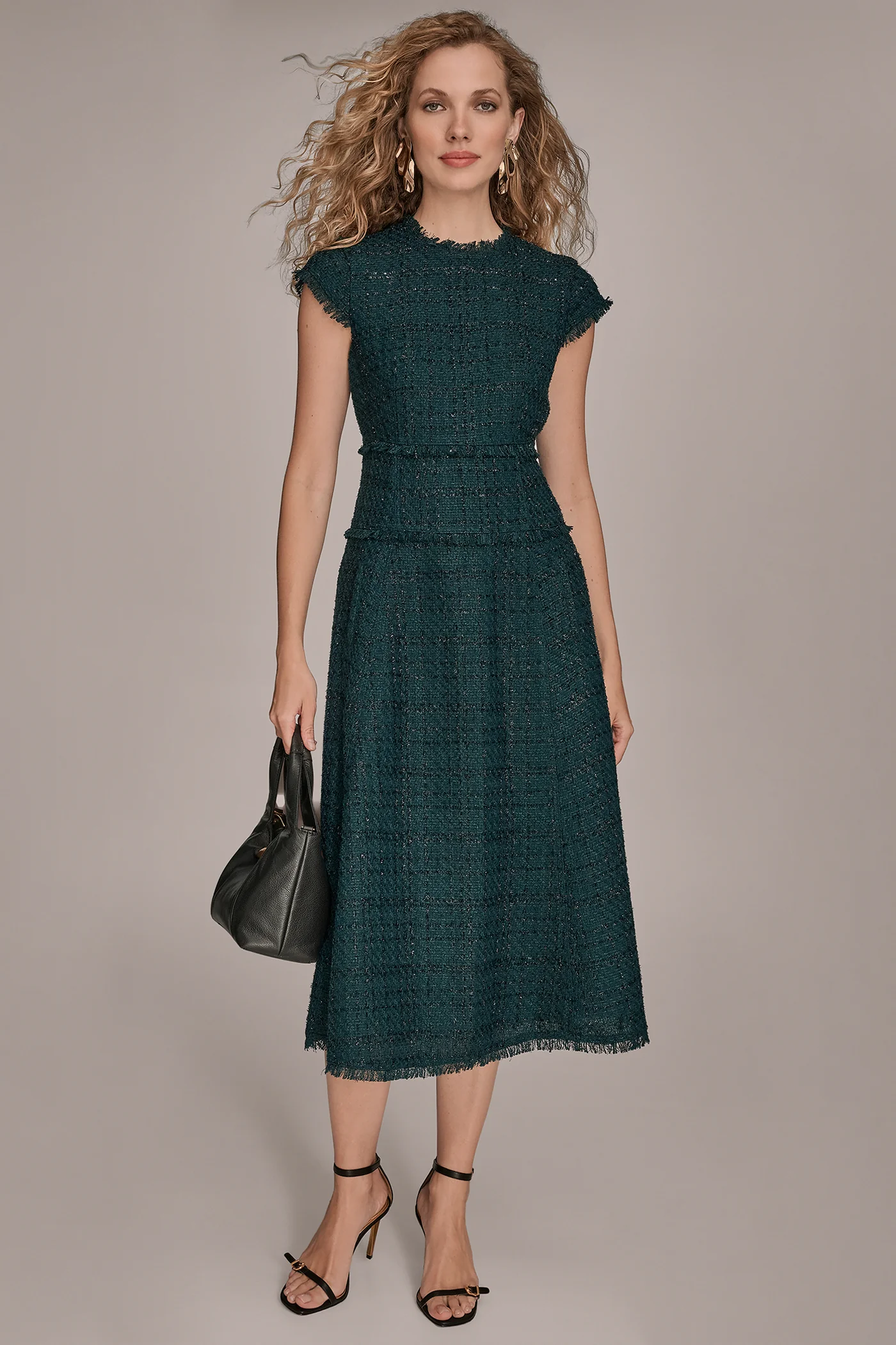 TWEED CAP SLEEVE MIDI A-LINE DRESS - VXVOV