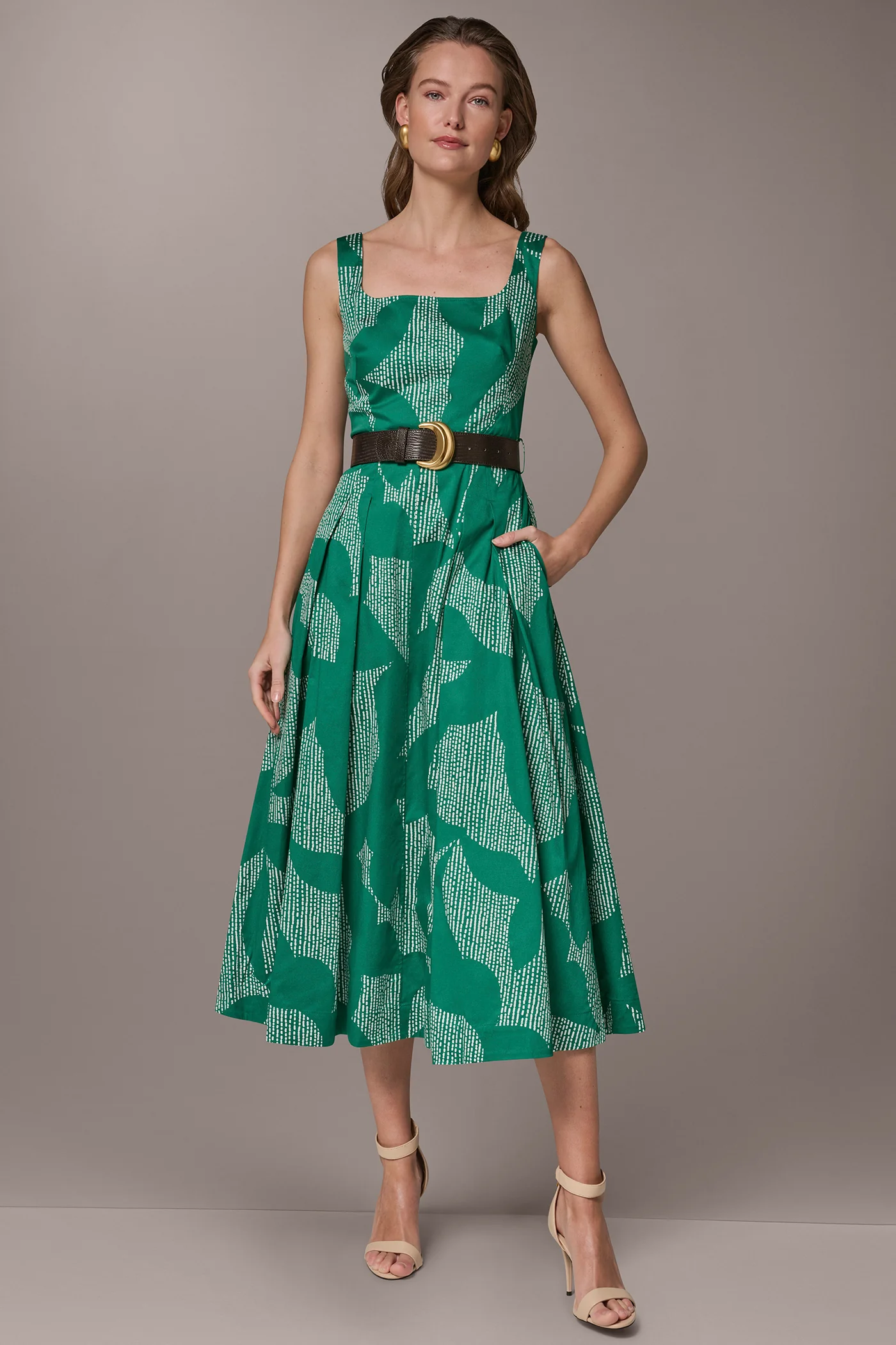 STRETCH COTTON-POPLIN PRINTED PLEATED MIDI A-LINE DRESS - VXVOV