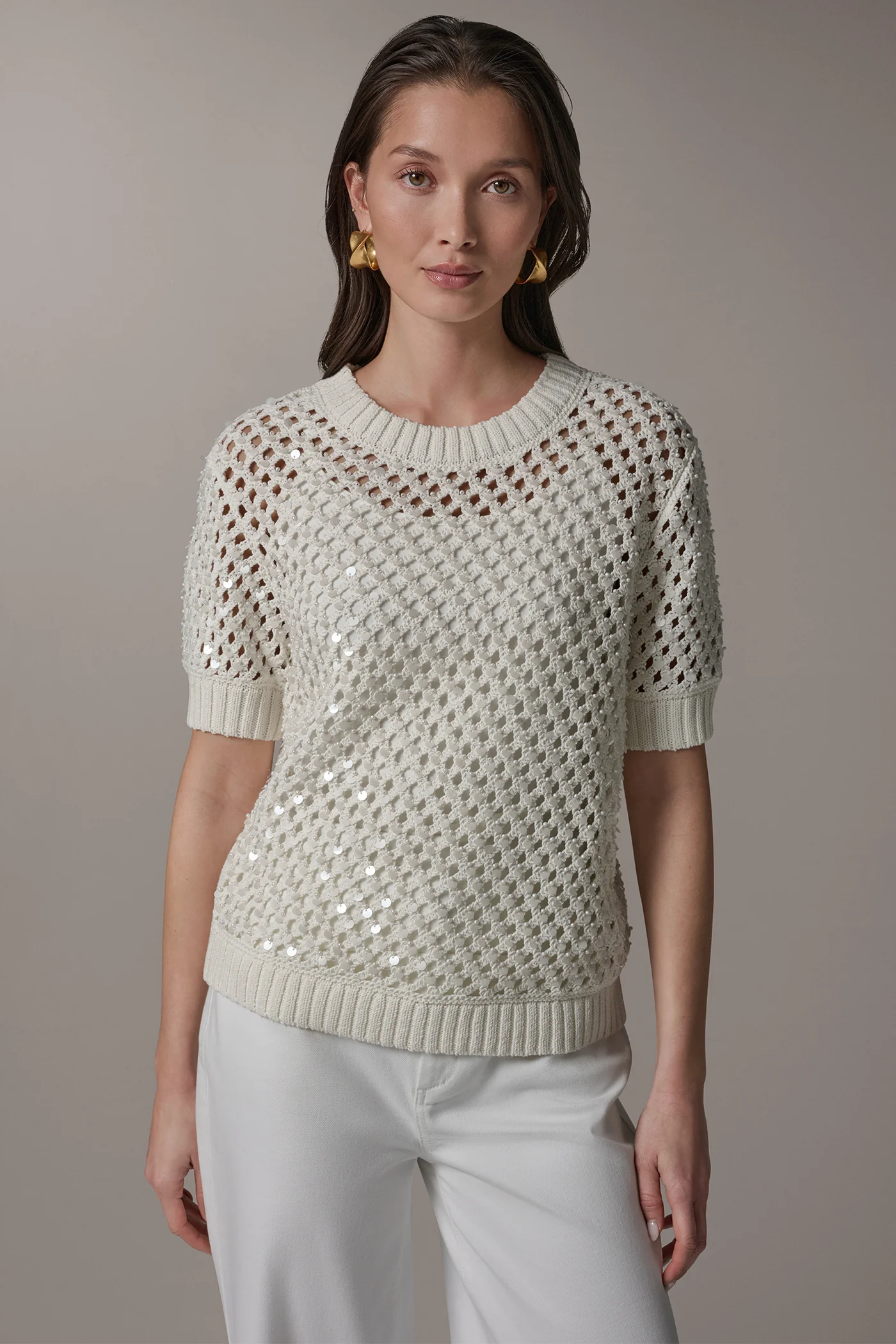 CREW NECK SHORT SLEEVE PEARL SEQUIN SWEATER - VXVOV