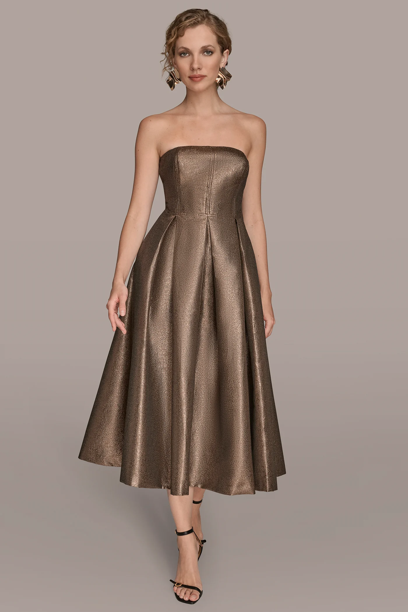 BROCADE STRAPLESS PLEATED MIDI GOWN - VXVOV