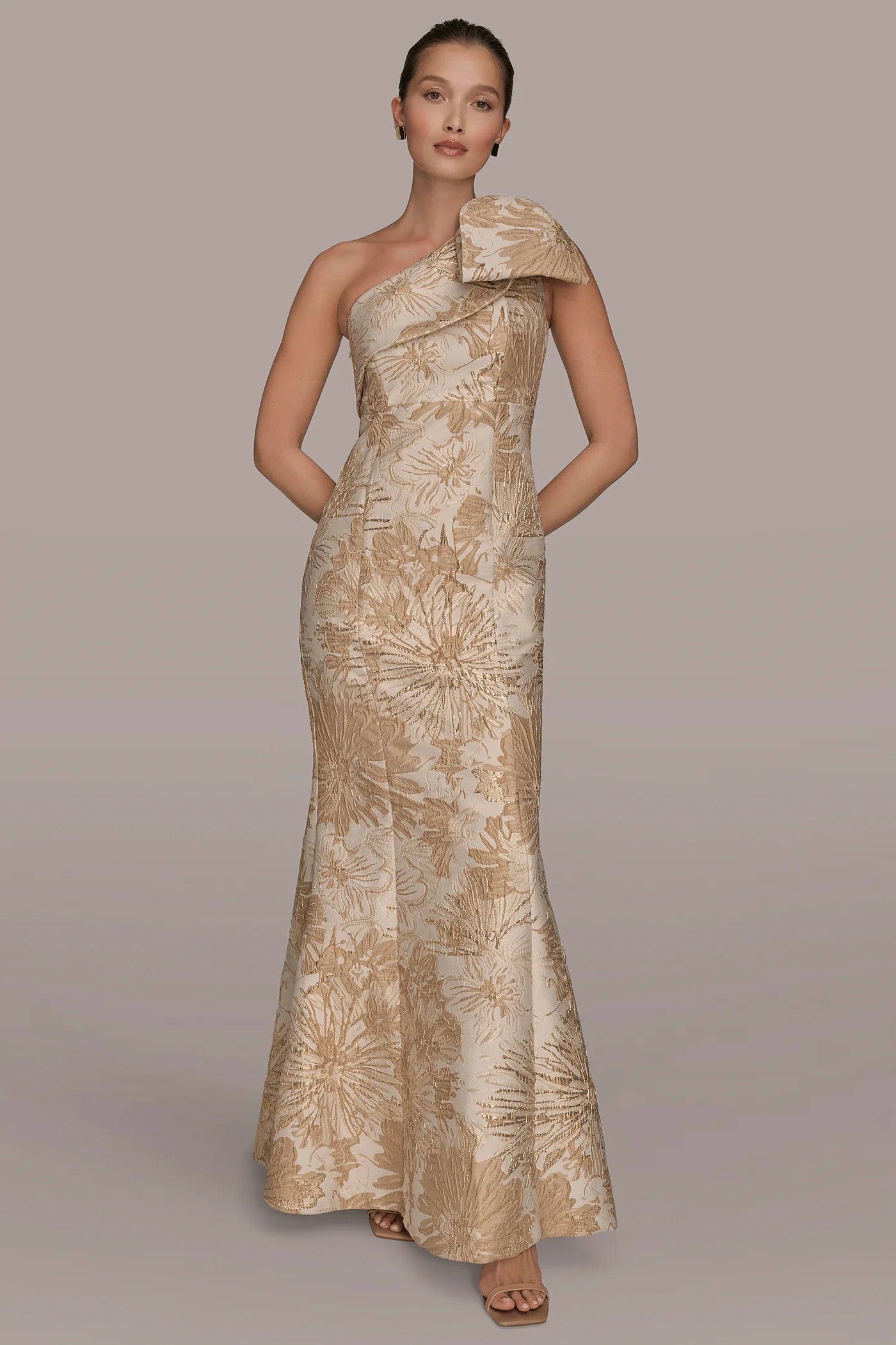 FLORAL BROCADE ONE-SHOULDER BOW GOWN - VXVOV