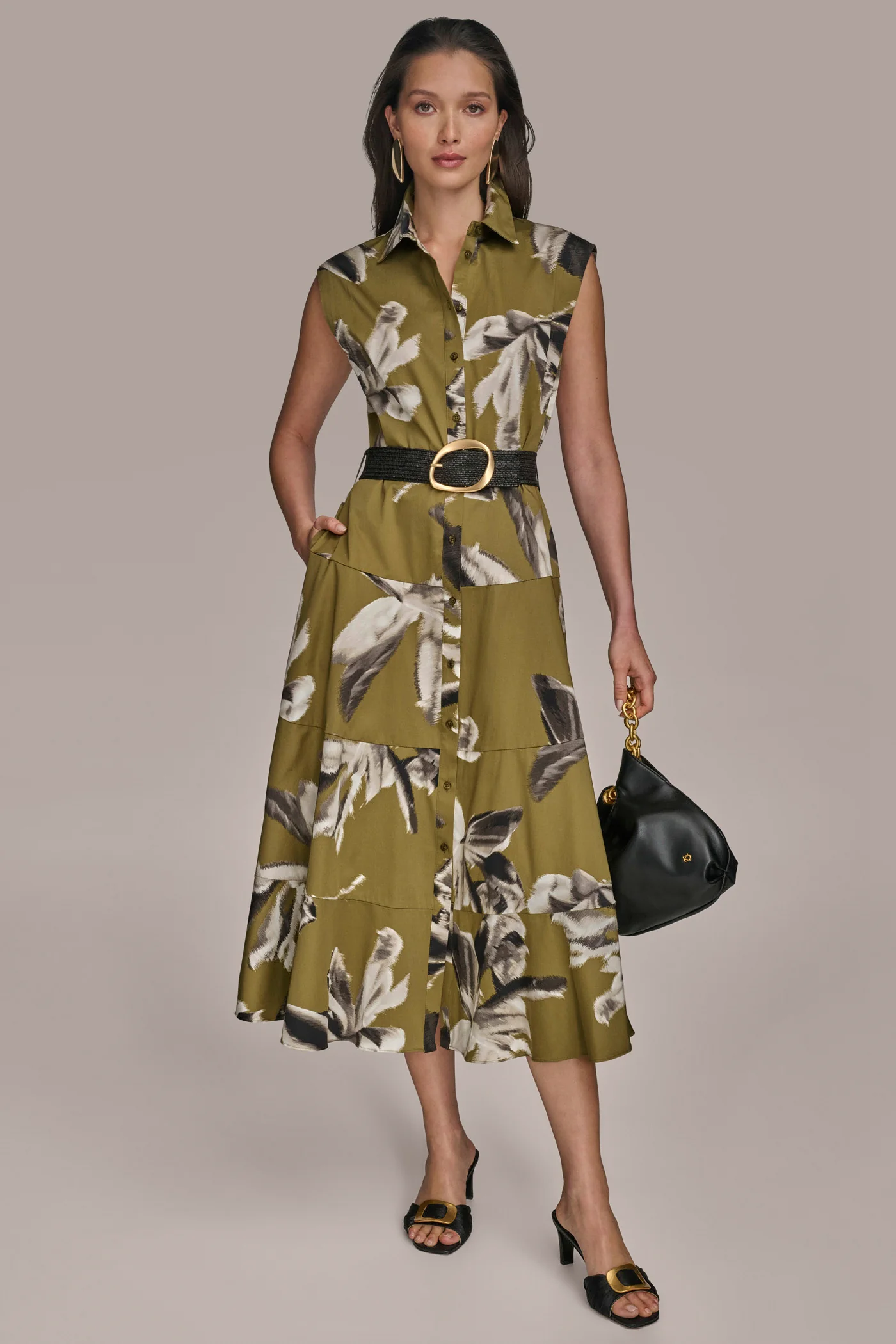 COTTON FLORAL SLEEVELESS MIDI SHIRT DRESS - VXVOV