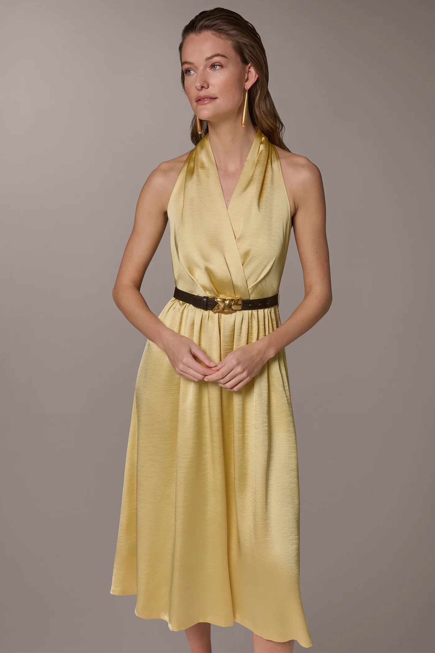 SATIN-JACQUARD WRAP-EFFECT MIDI HALTER DRESS - VXVOV