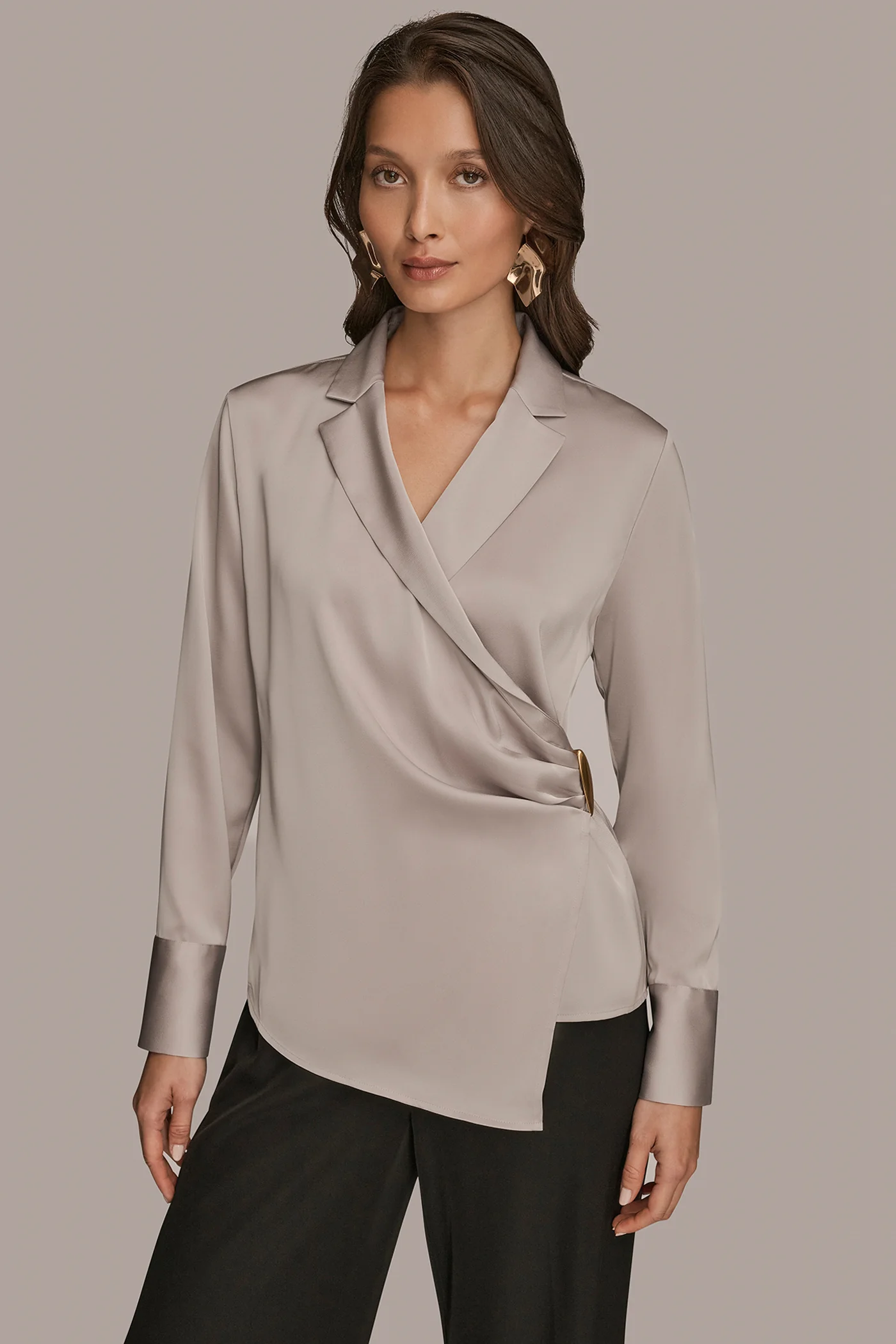 ASYMMETRIC WRAP BUTTON-EMBELLISHED SATIN BLOUSE - VXVOV