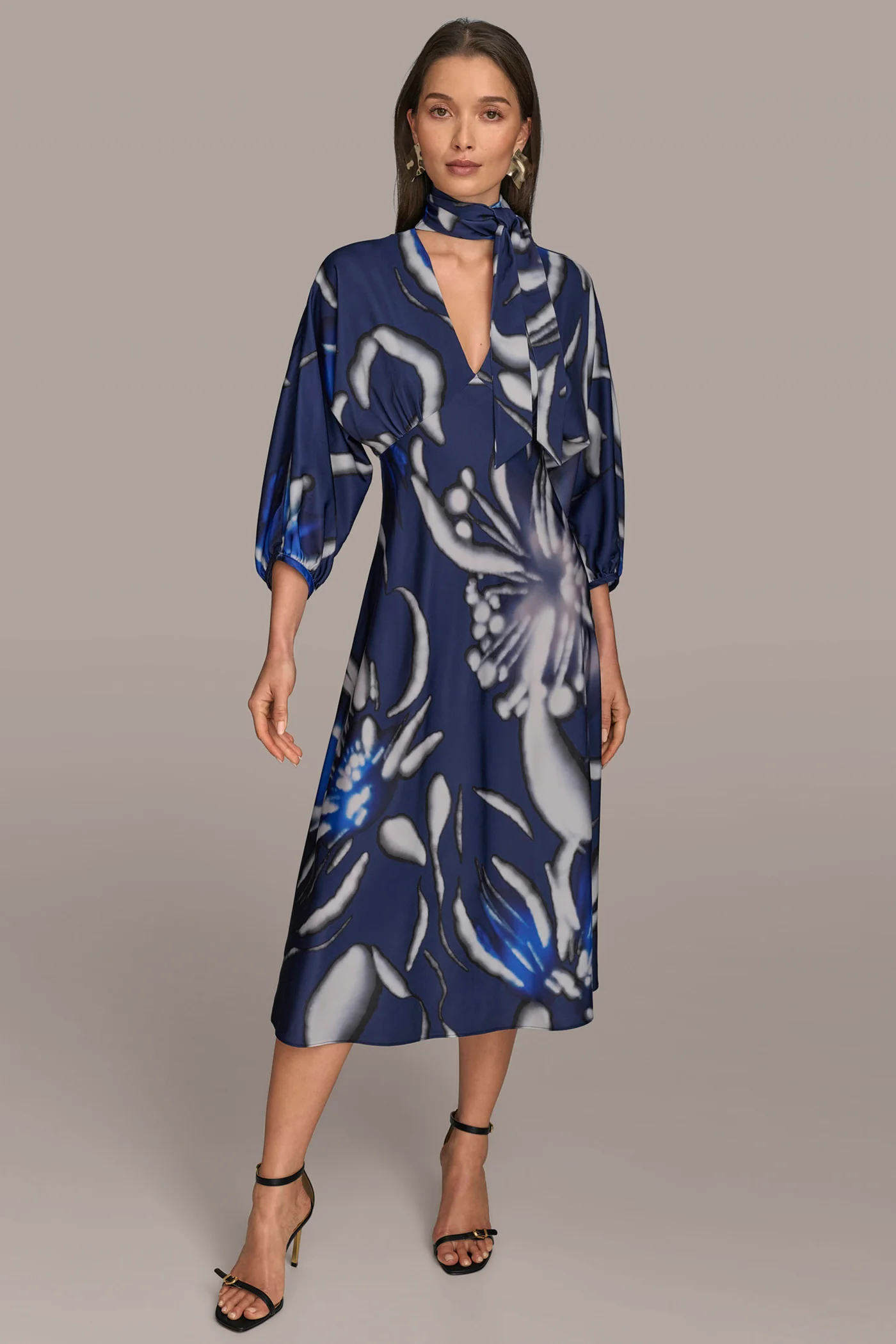 SATIN PUFF SLEEVE TIE-NECK MIDI DRESS - VXVOV