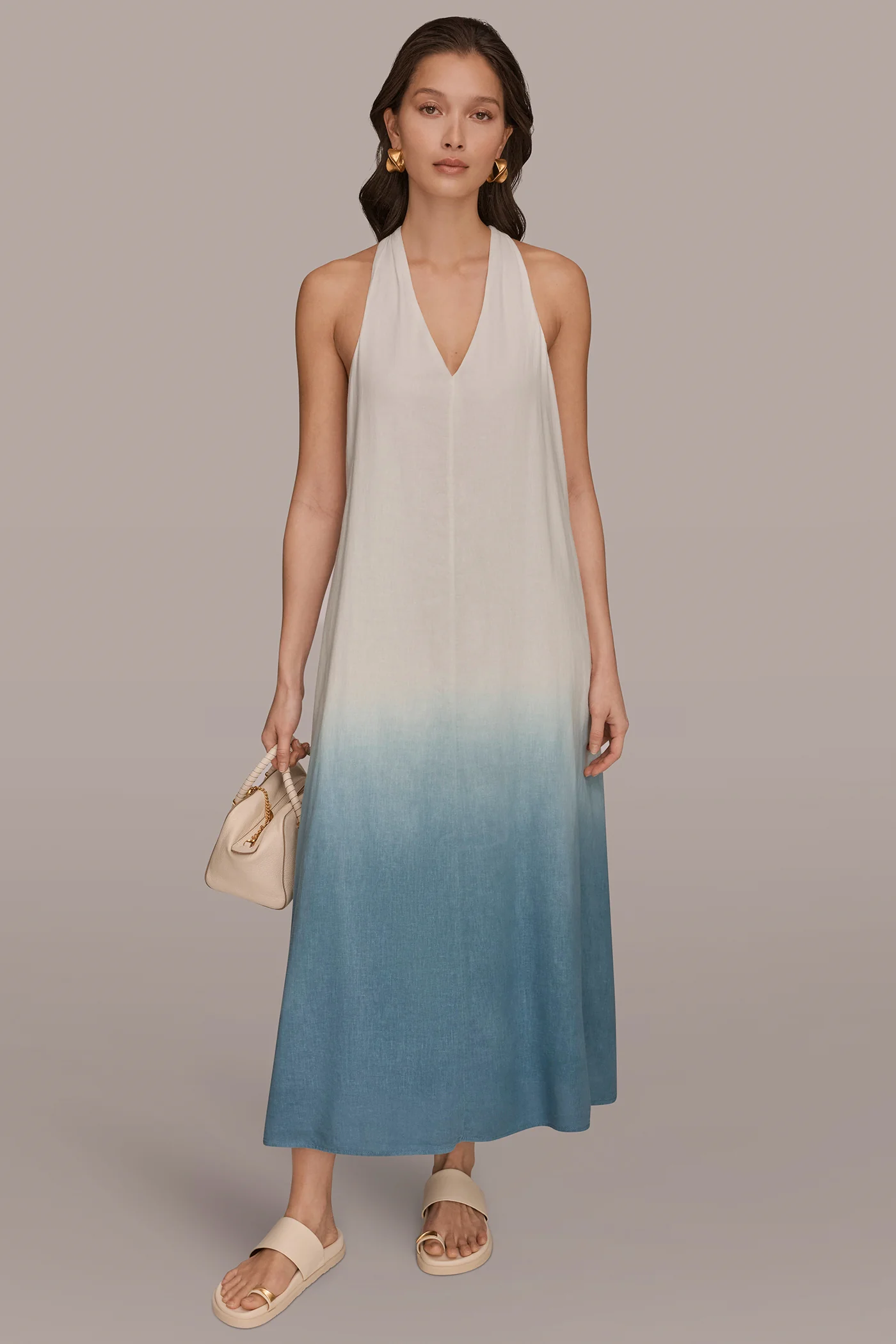 LINEN-BLEND SLEEVELESS OMBR   TWIST-BACK MIDI HALTER DRESS - VXVOV
