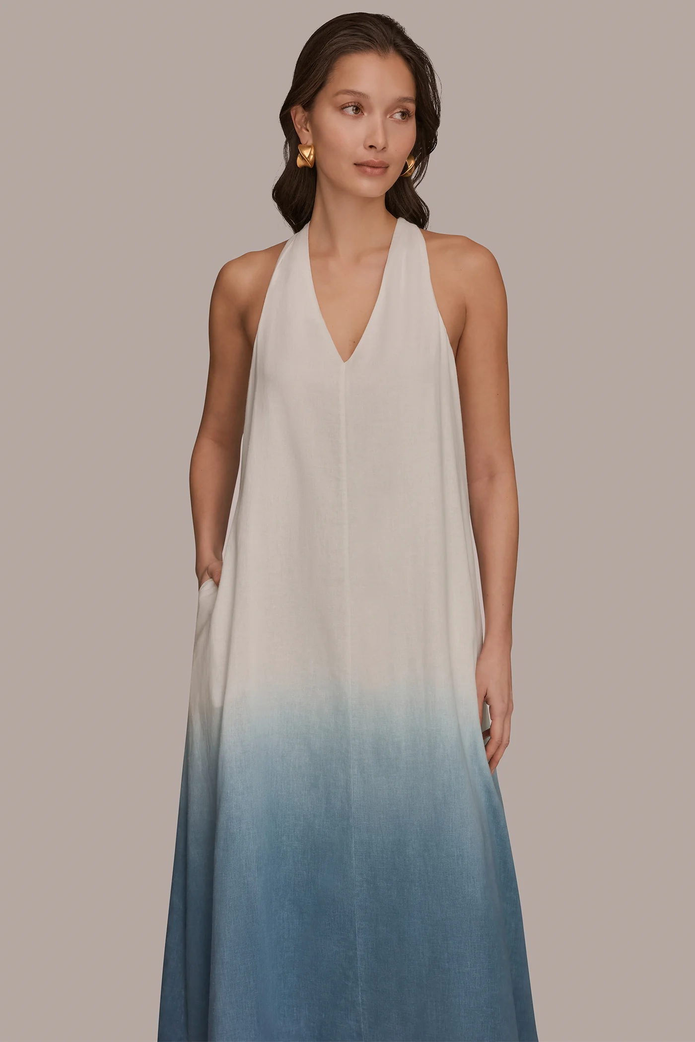 LINEN-BLEND SLEEVELESS OMBR   TWIST-BACK MIDI HALTER DRESS - VXVOV