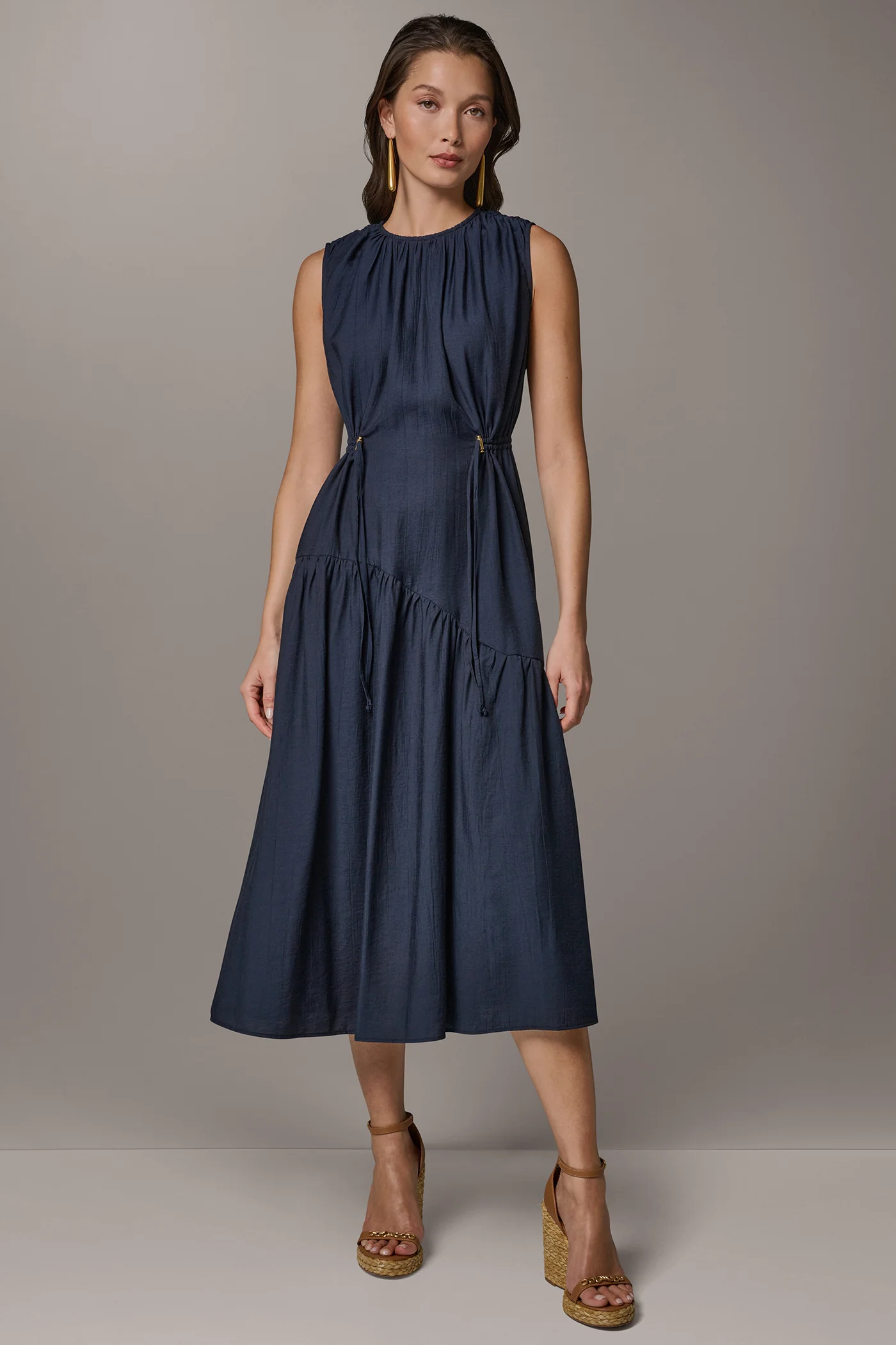 SLEEVELESS DRAWSTRING WAIST MIDI A-LINE DRESS - VXVOV