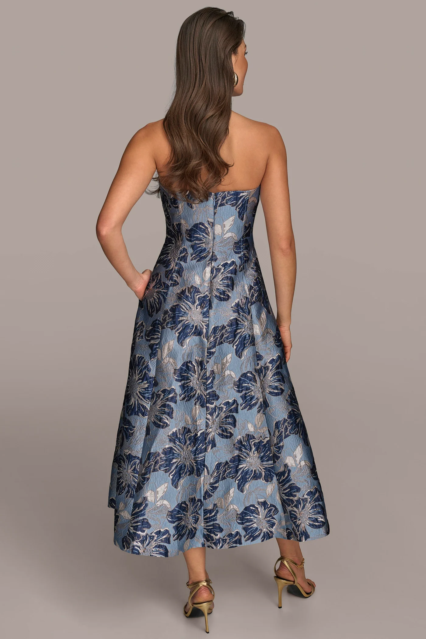FLORAL-JACQUARD STRAPLESS MIDI GOWN - VXVOV