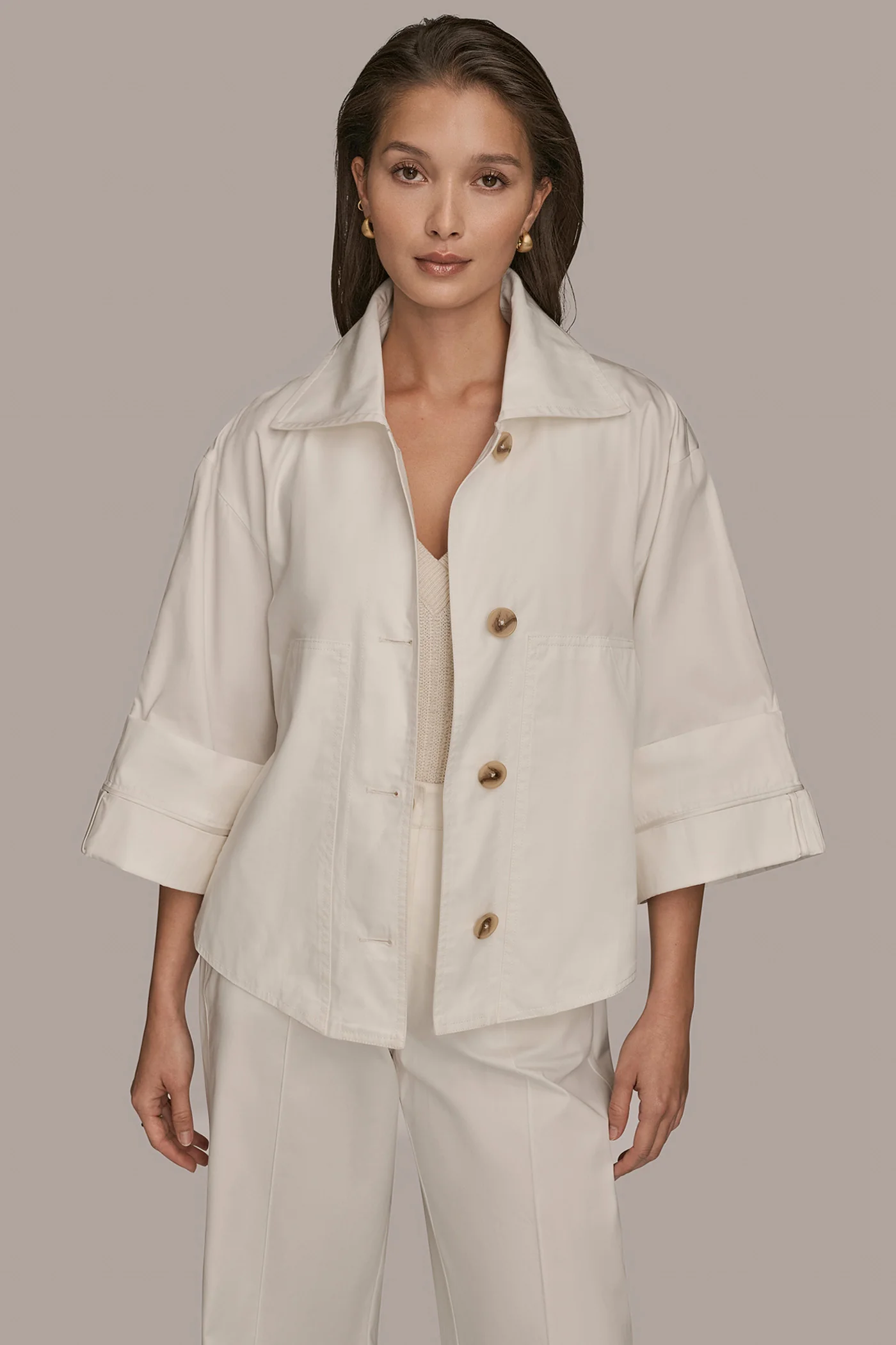 3/4-SLEEVE COTTON GABARDINE SWING JACKET - VXVOV