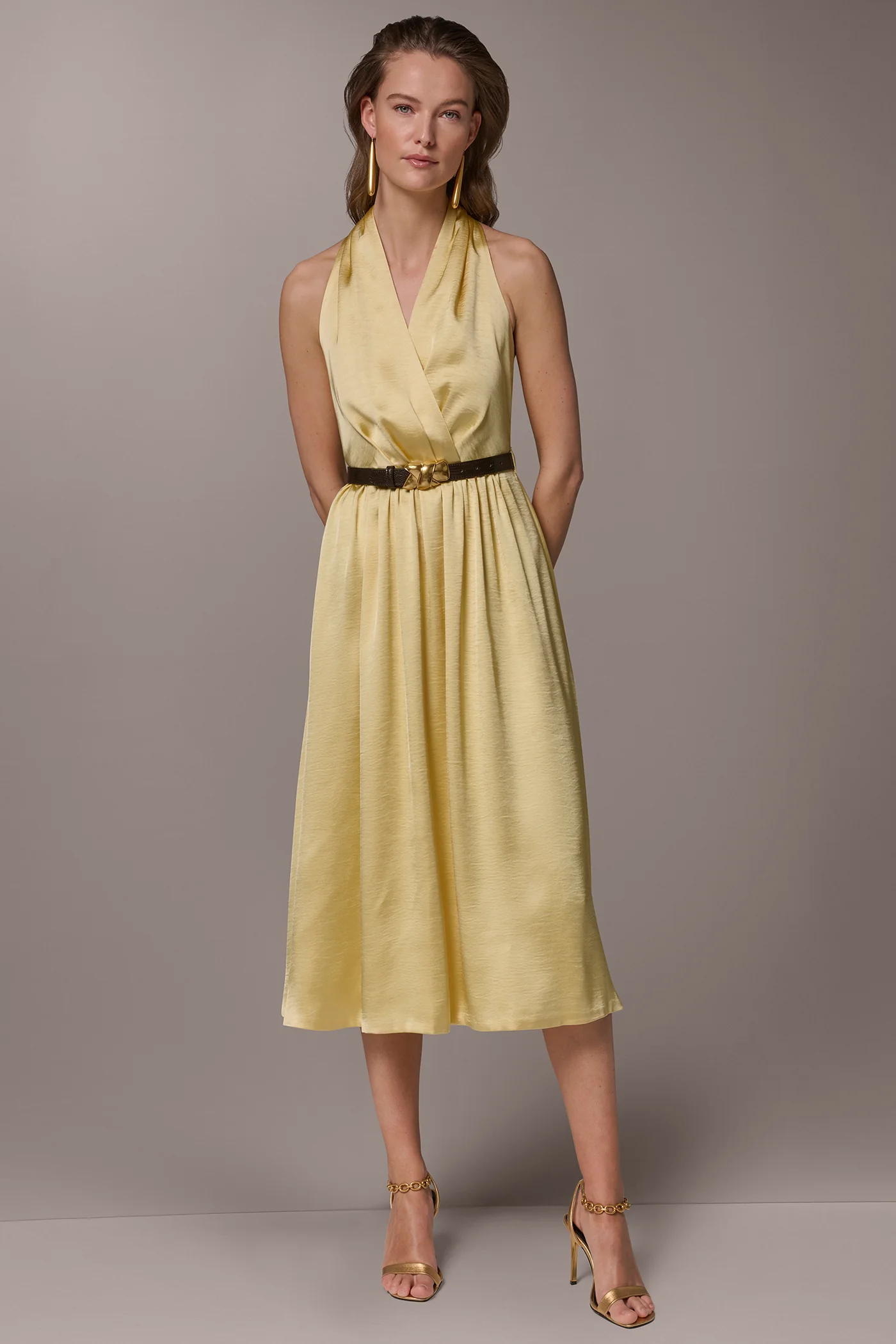 SATIN-JACQUARD WRAP-EFFECT MIDI HALTER DRESS - VXVOV