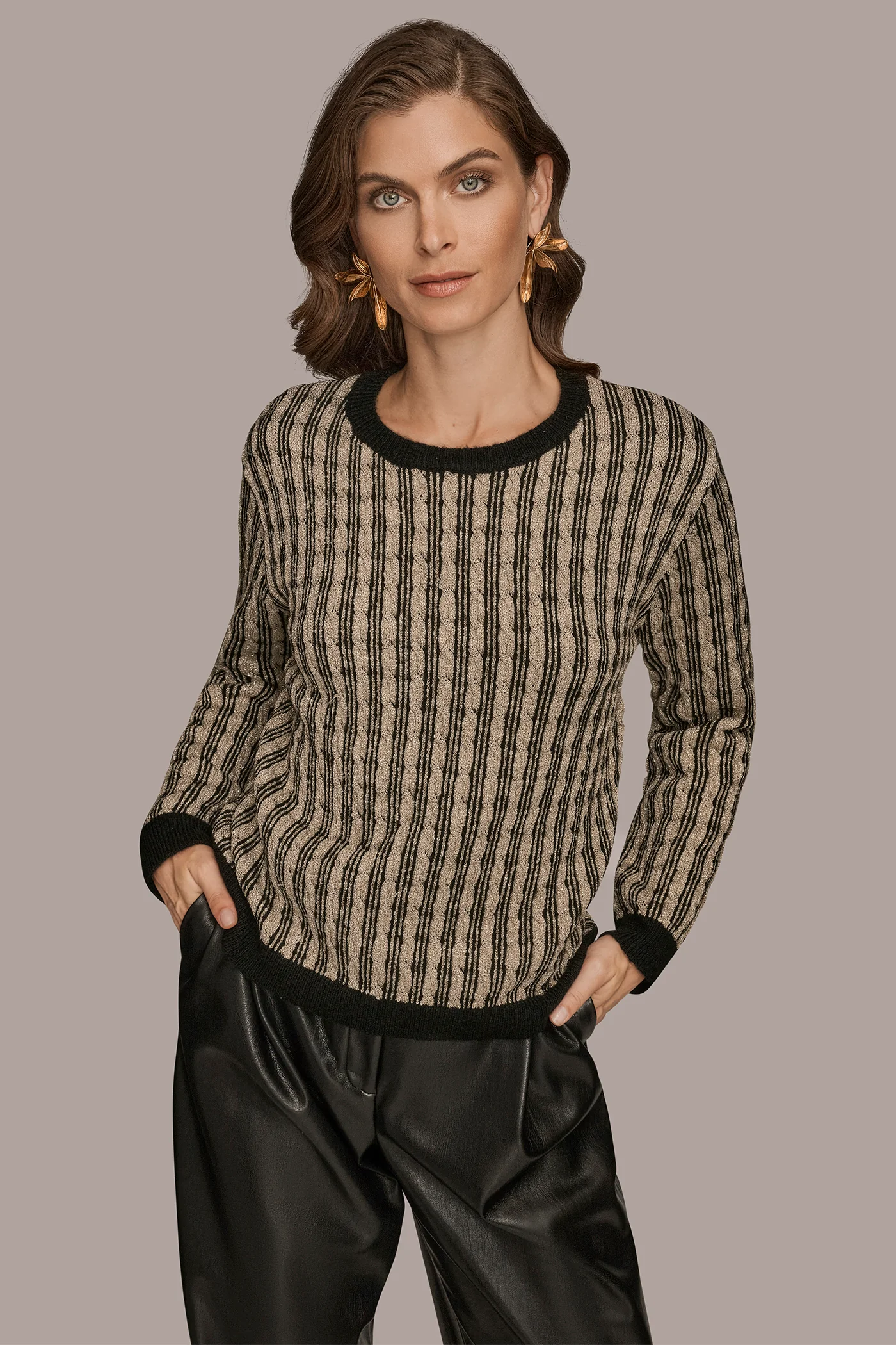 METALLIC TWO-TONE CABLE-KNIT SWEATER - VXVOV