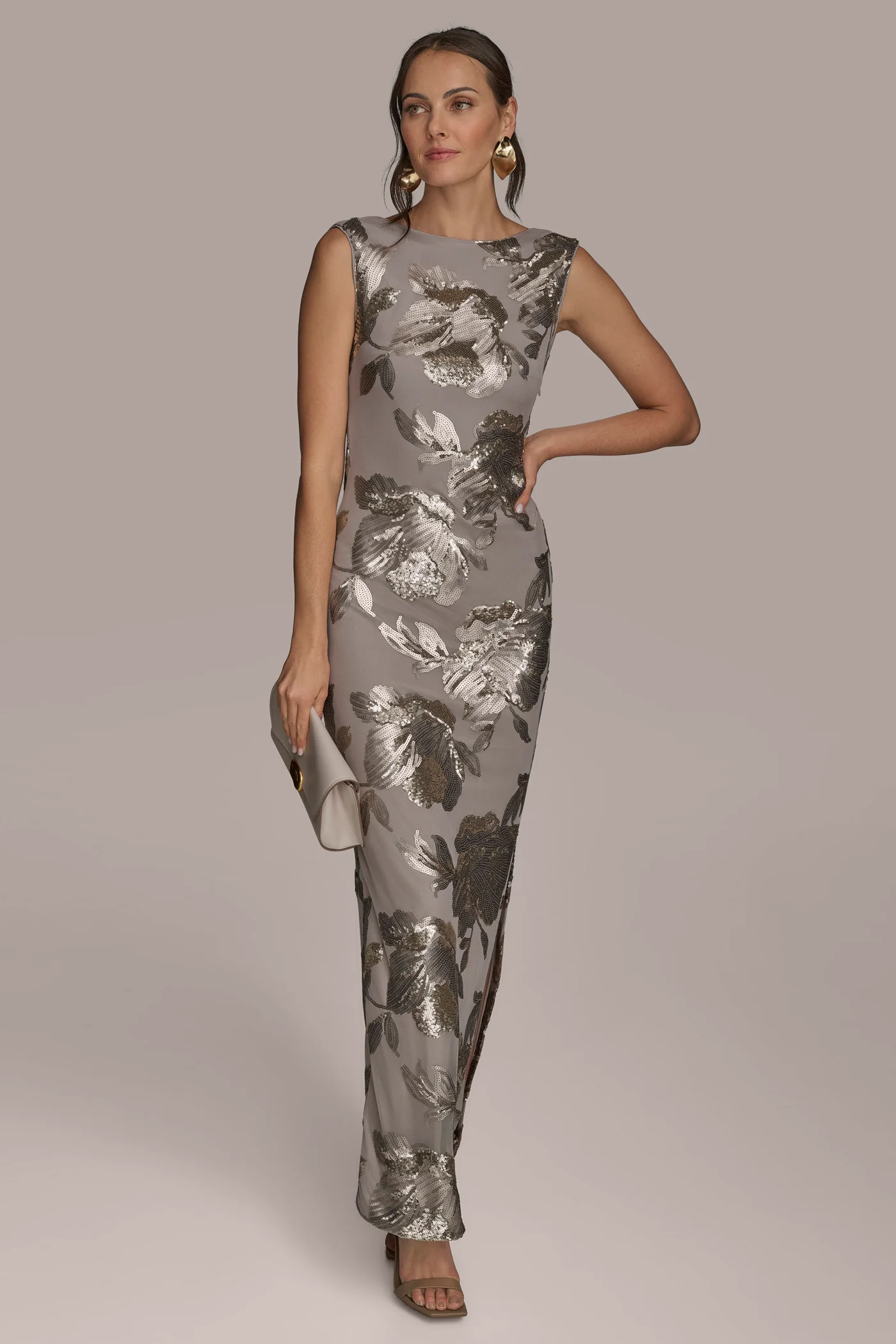 SLEEVELESS FLORAL SEQUIN COWL-BACK GOWN - VXVOV