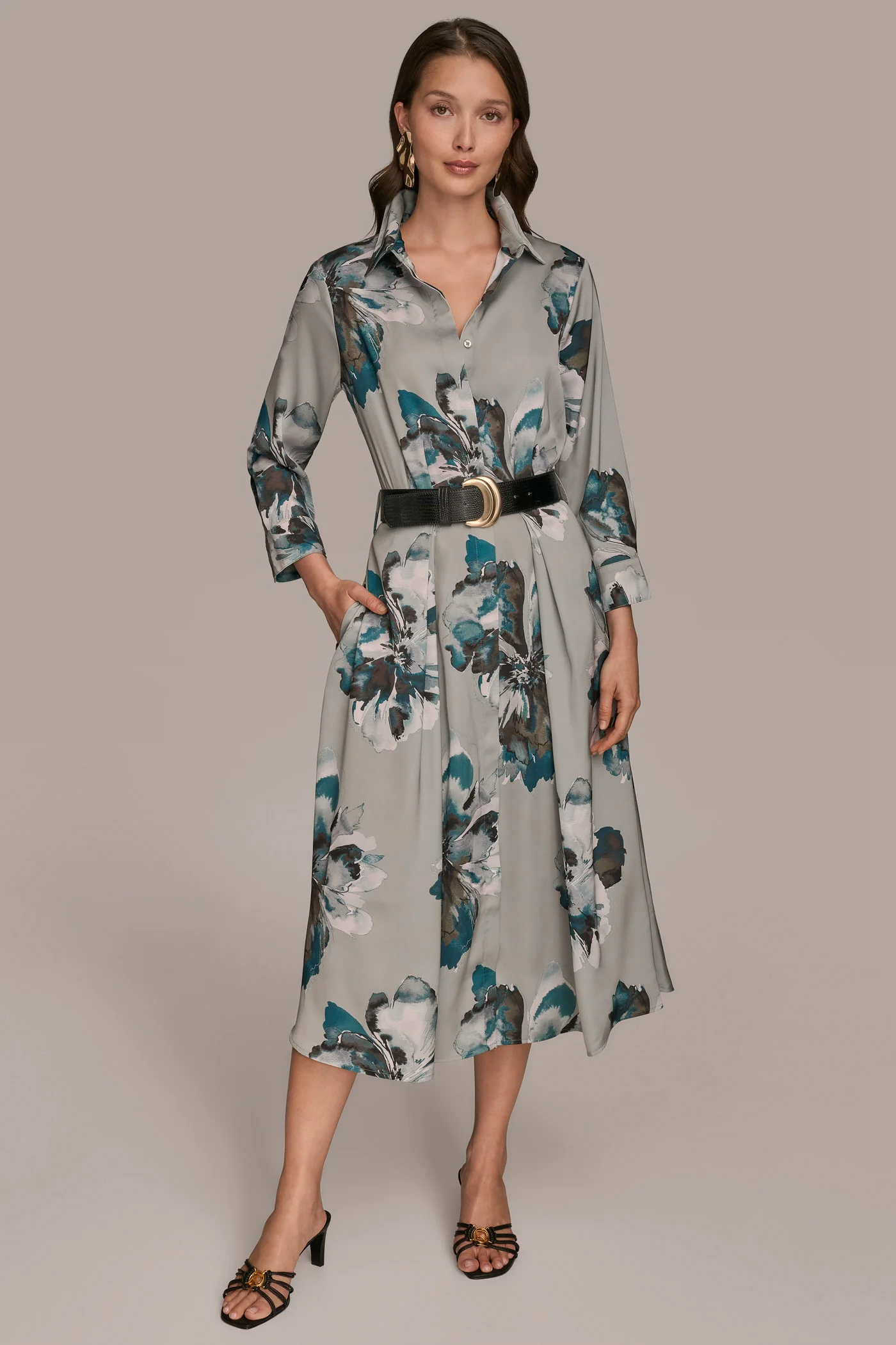 3/4 SLEEVE SATIN FLORAL MIDI SHIRT DRESS - VXVOV
