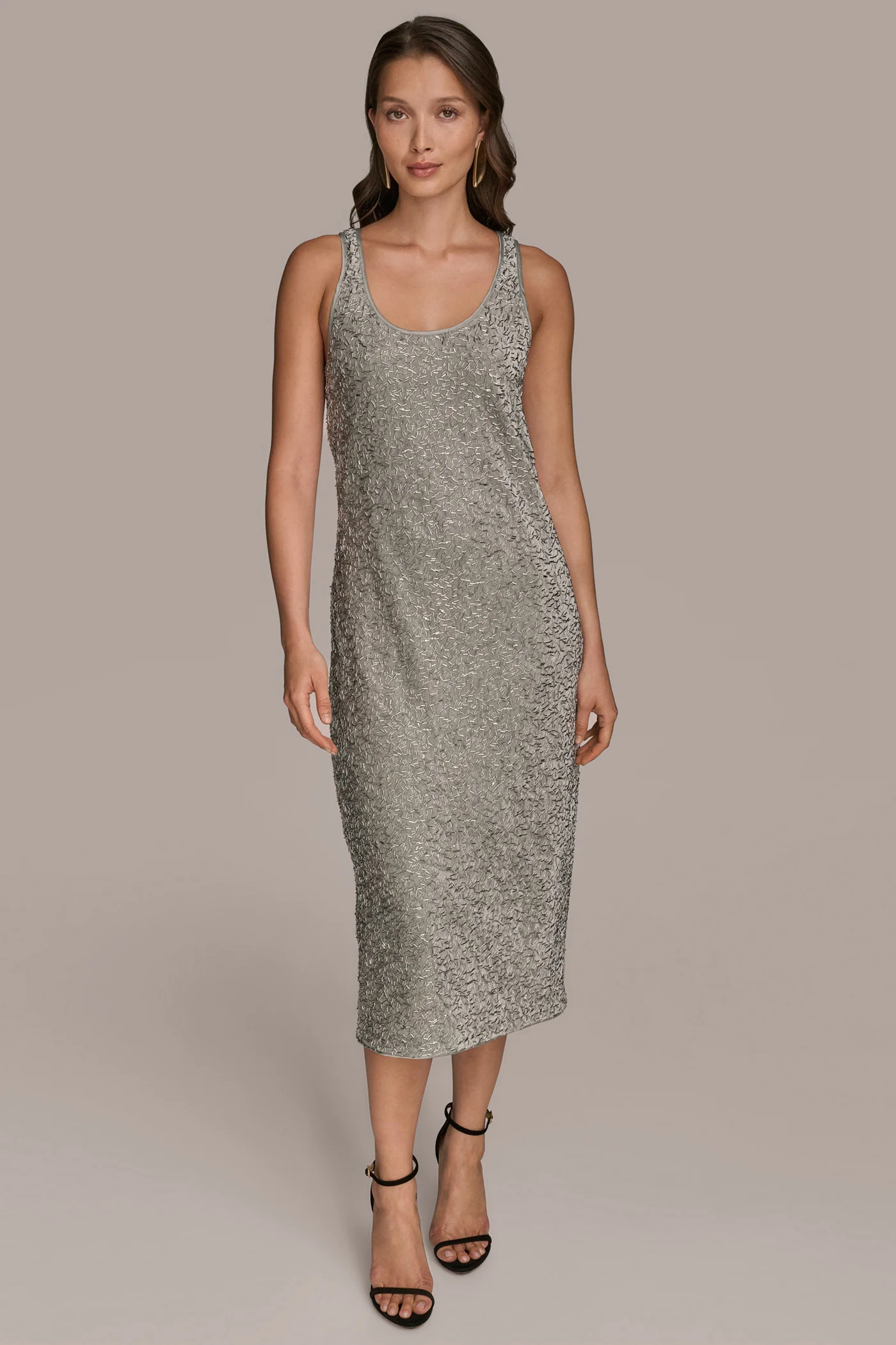 SLEEVELESS BEADED VELVET MIDI DRESS - VXVOV