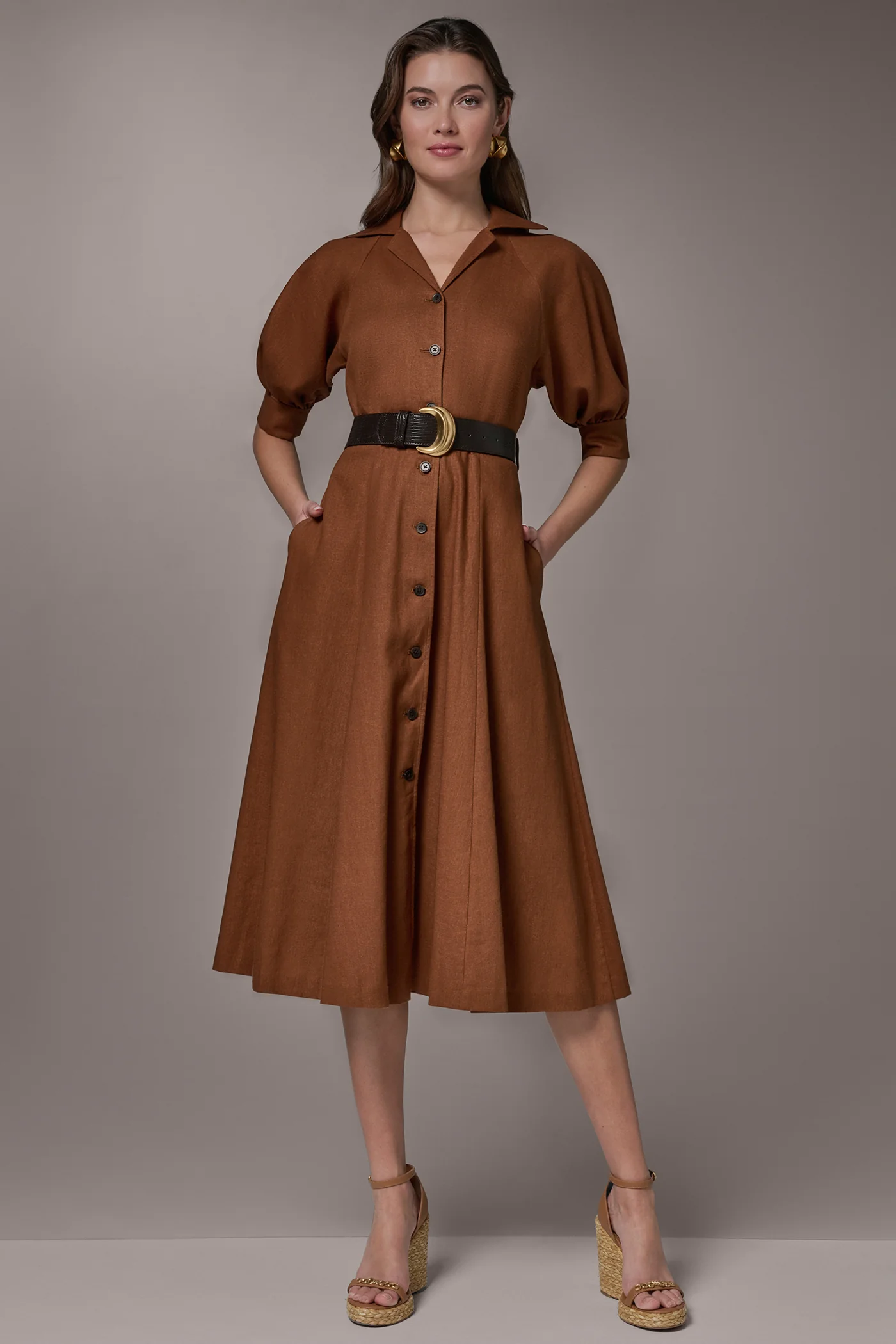 LINEN-BLEND MIDI SHIRT DRESS - VXVOV