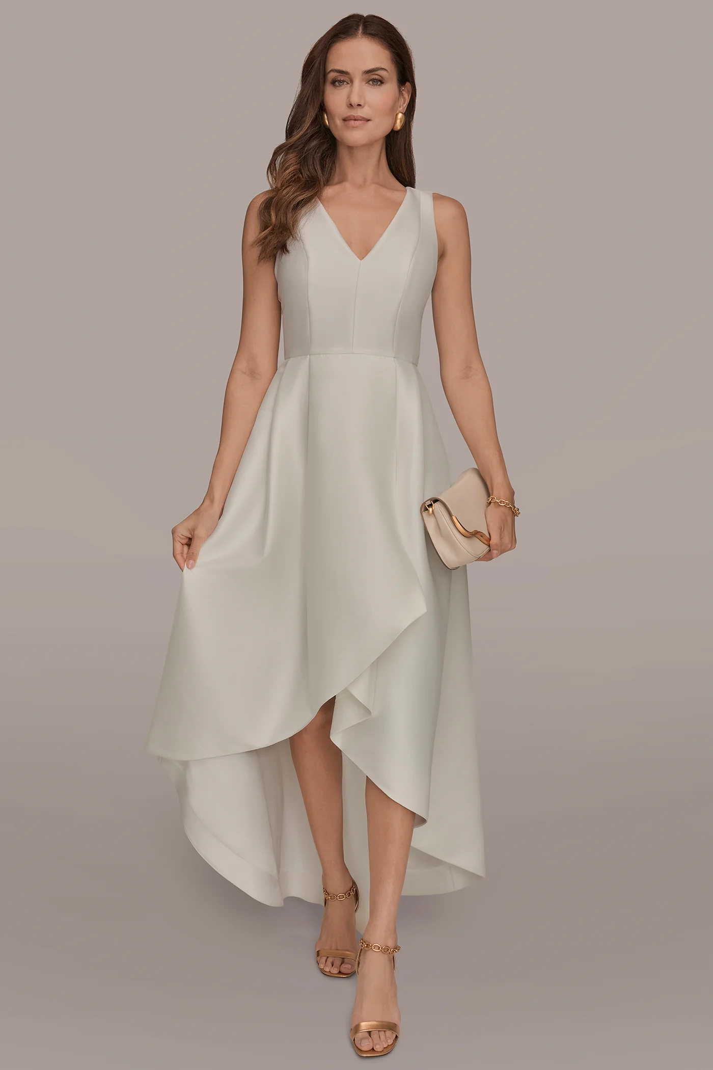 TAFFETA SLEEVELESS V-NECK HIGH-LOW GOWN - VXVOV