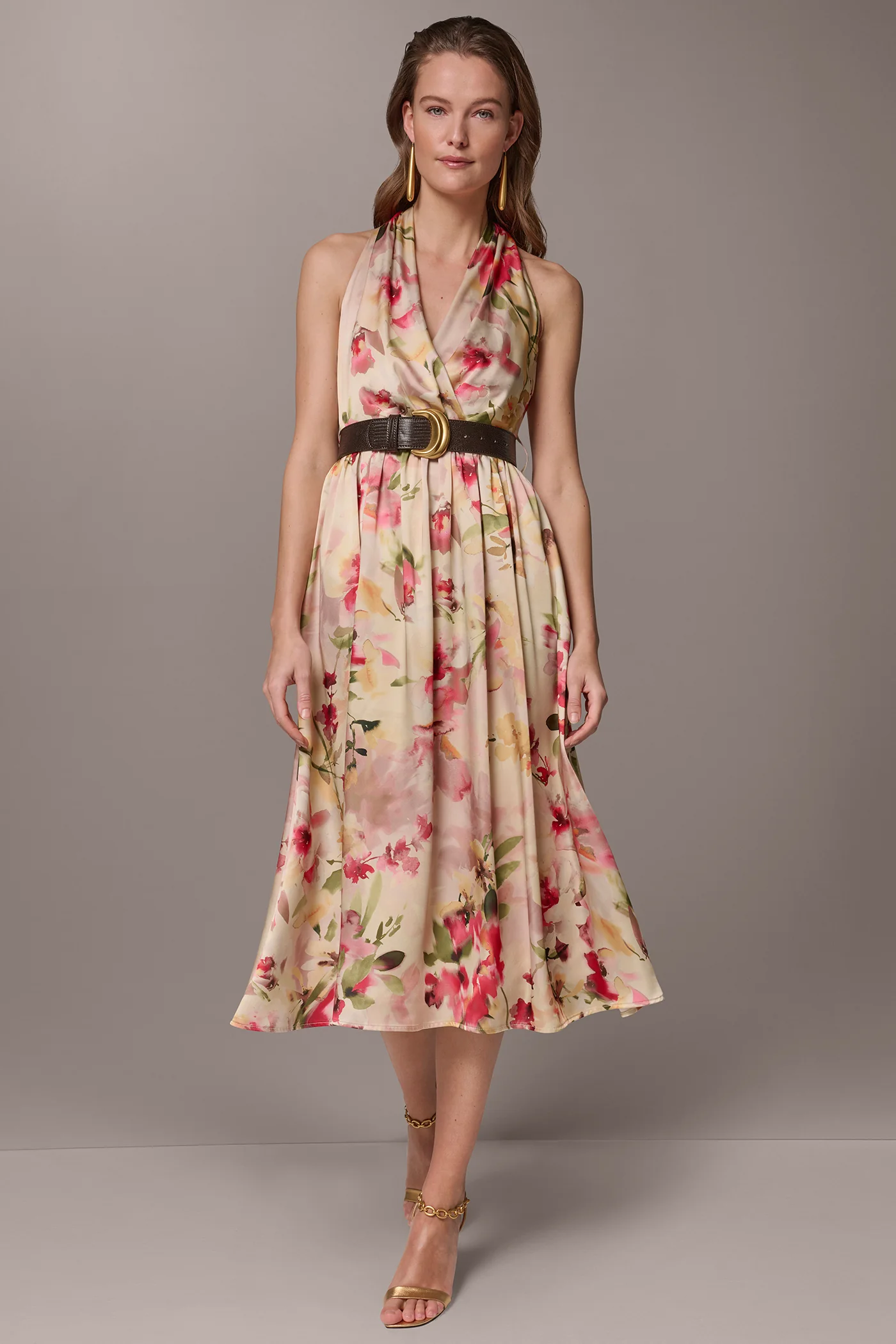 CHARMEUSE FLORAL WRAP-EFFECT MIDI HALTER DRESS - VXVOV