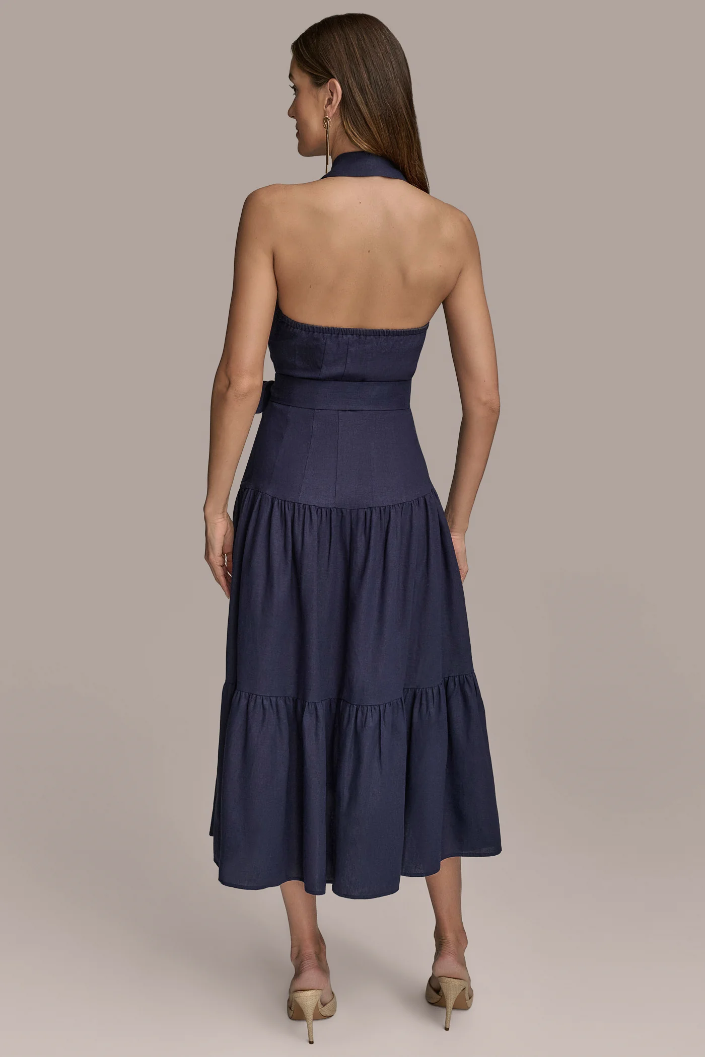 LINEN-BLEND HALTER MIDI DRESS - VXVOV