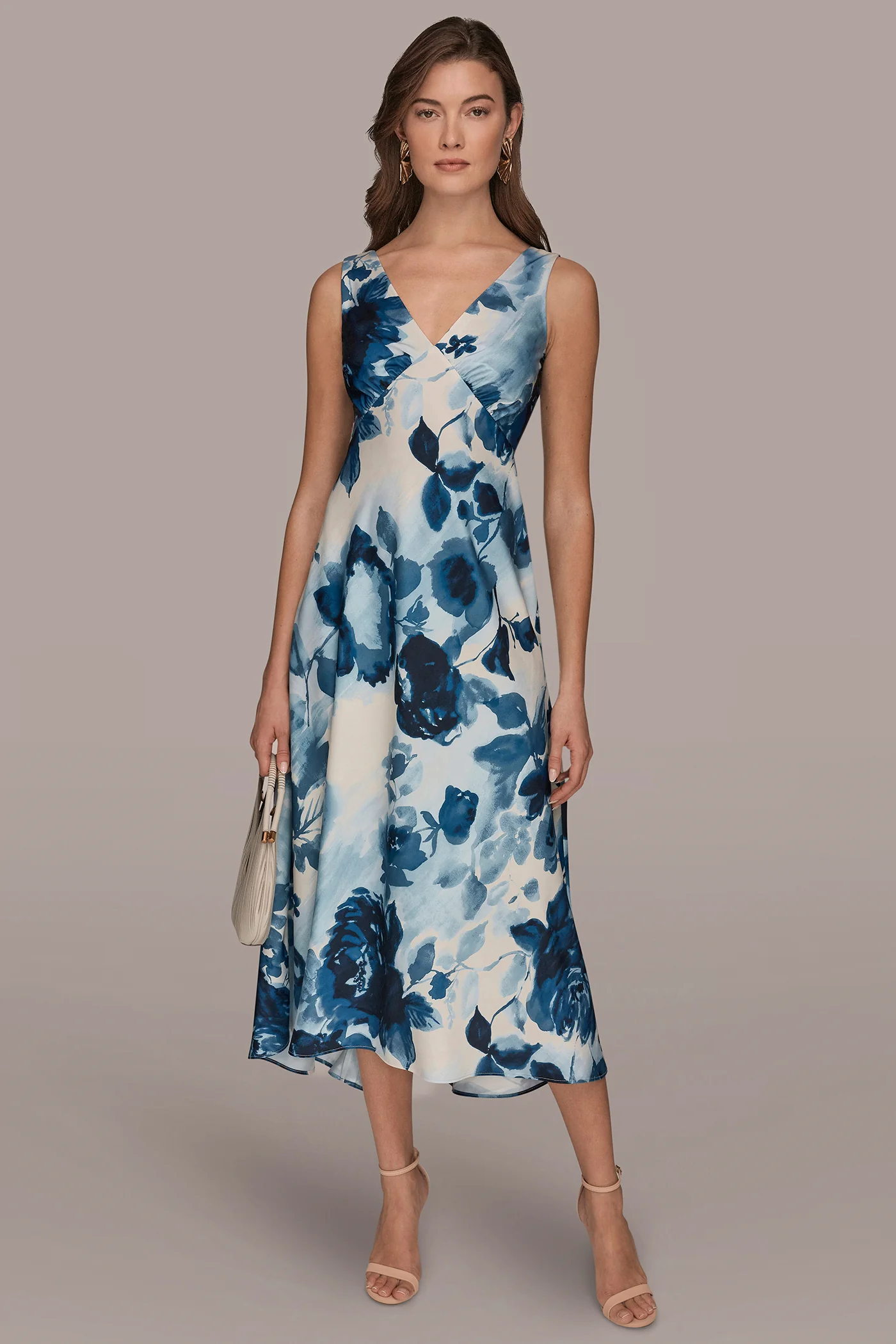 SATIN SLEEVELESS FLORAL MIDI A-LINE DRESS - VXVOV
