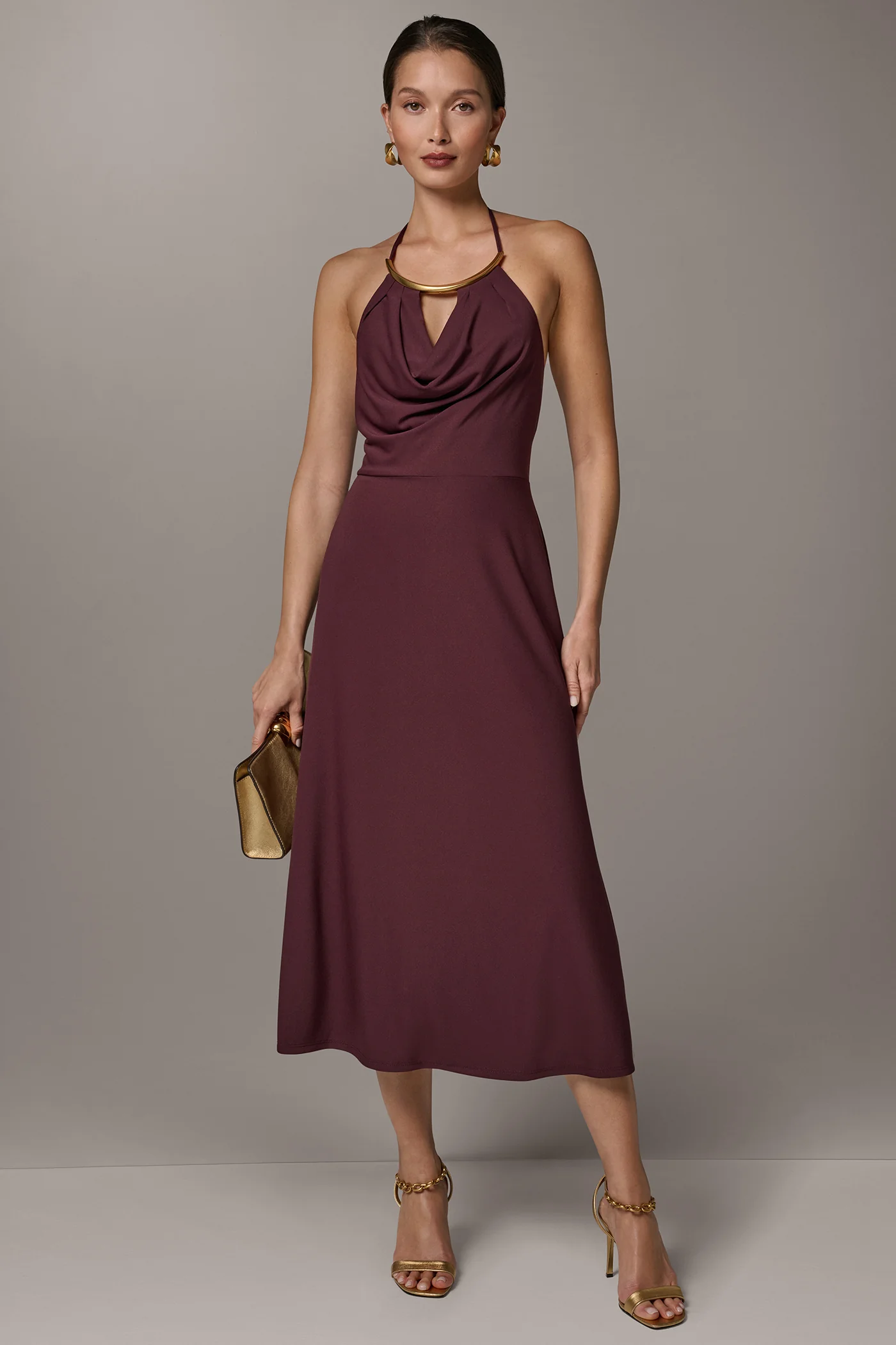 SLEEVELESS COWL NECK MIDI HALTER DRESS - VXVOV