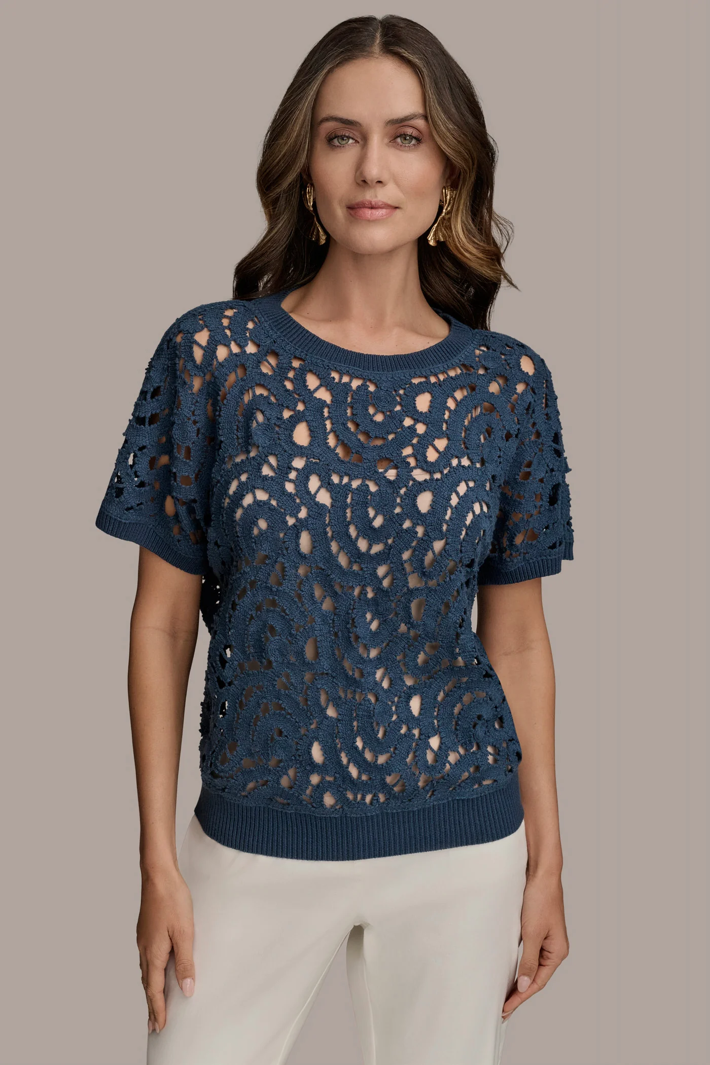DROP SHOULDER CROCHET KNIT SWEATER - VXVOV