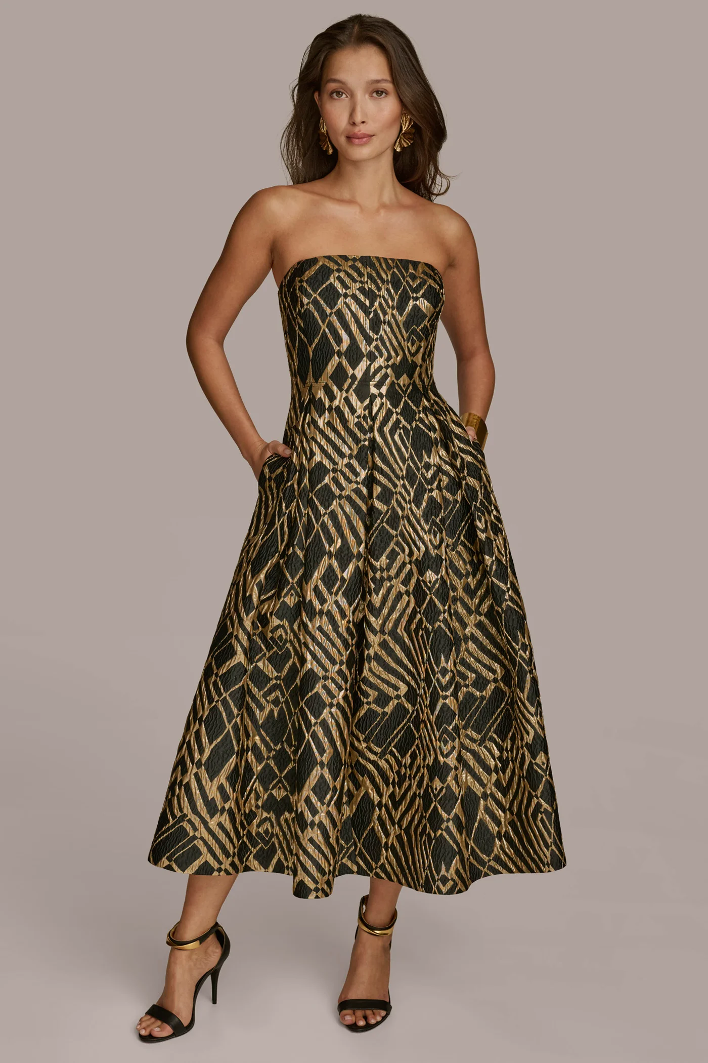 STRAPLESS BROCADE MIDI A-LINE GOWN - VXVOV