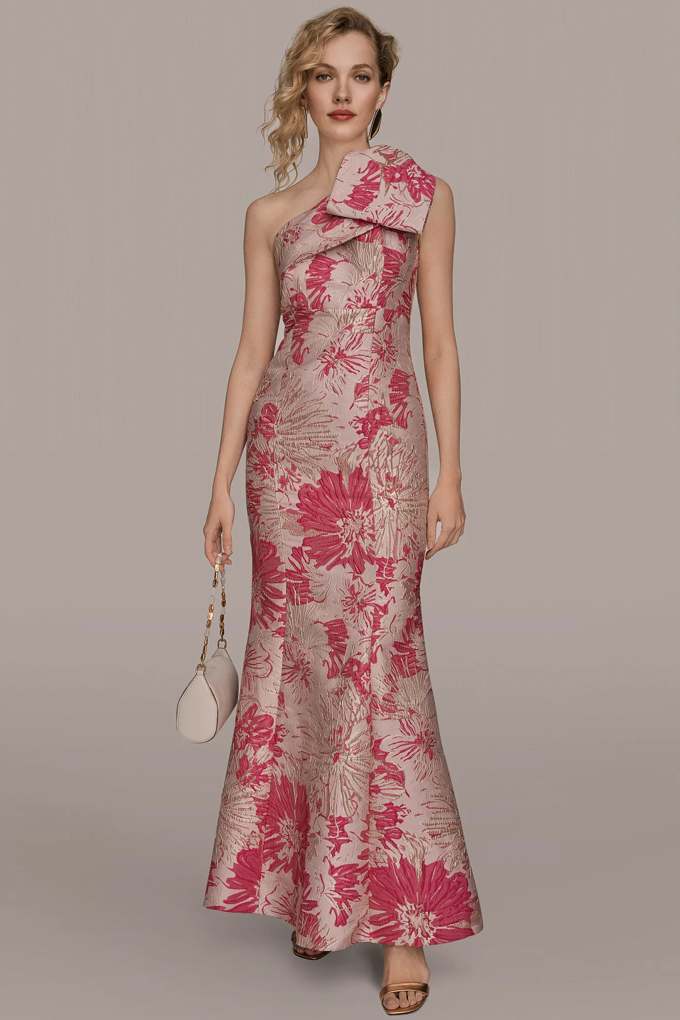 FLORAL BROCADE ONE-SHOULDER BOW GOWN - VXVOV