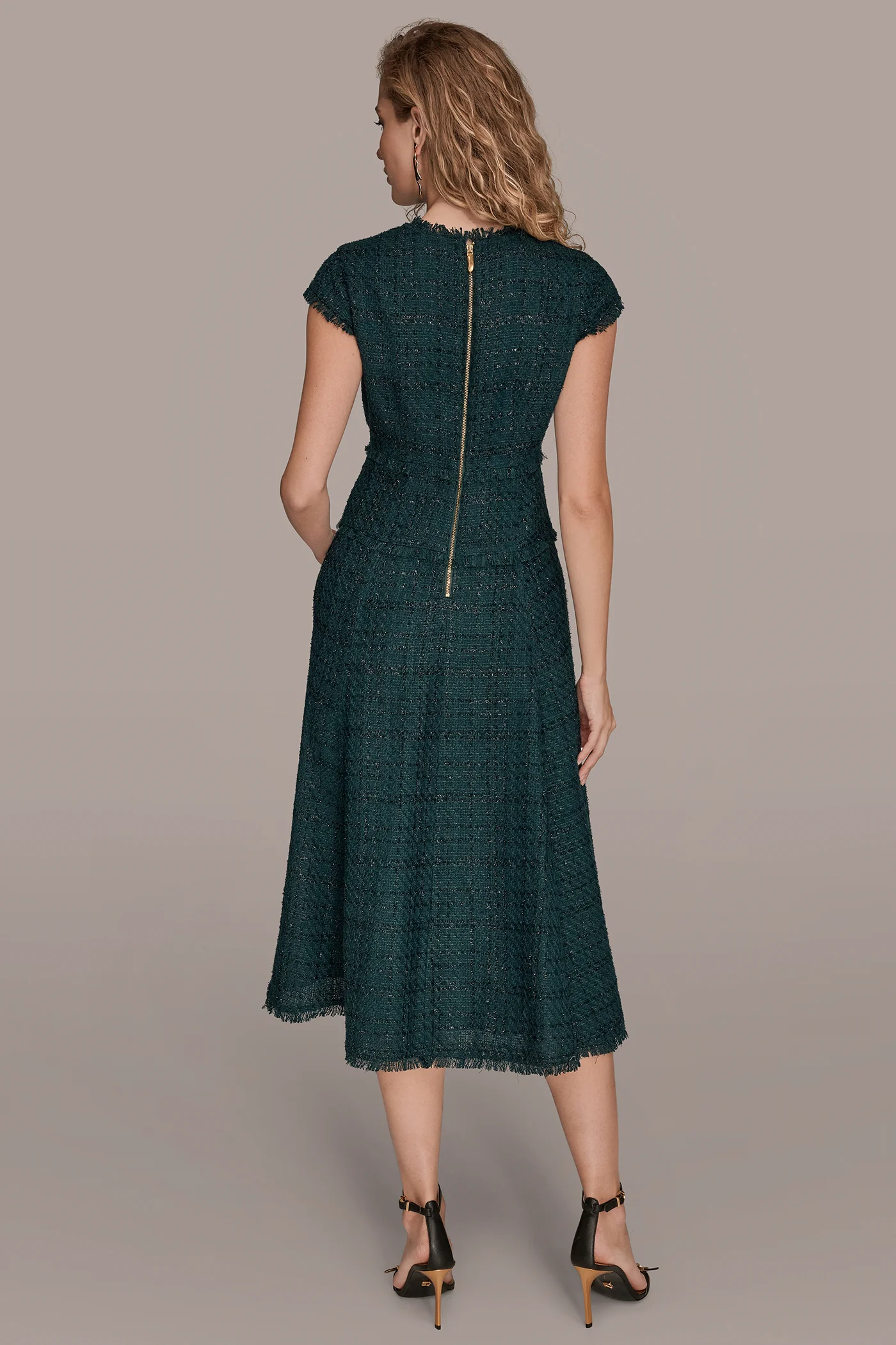 TWEED CAP SLEEVE MIDI A-LINE DRESS - VXVOV