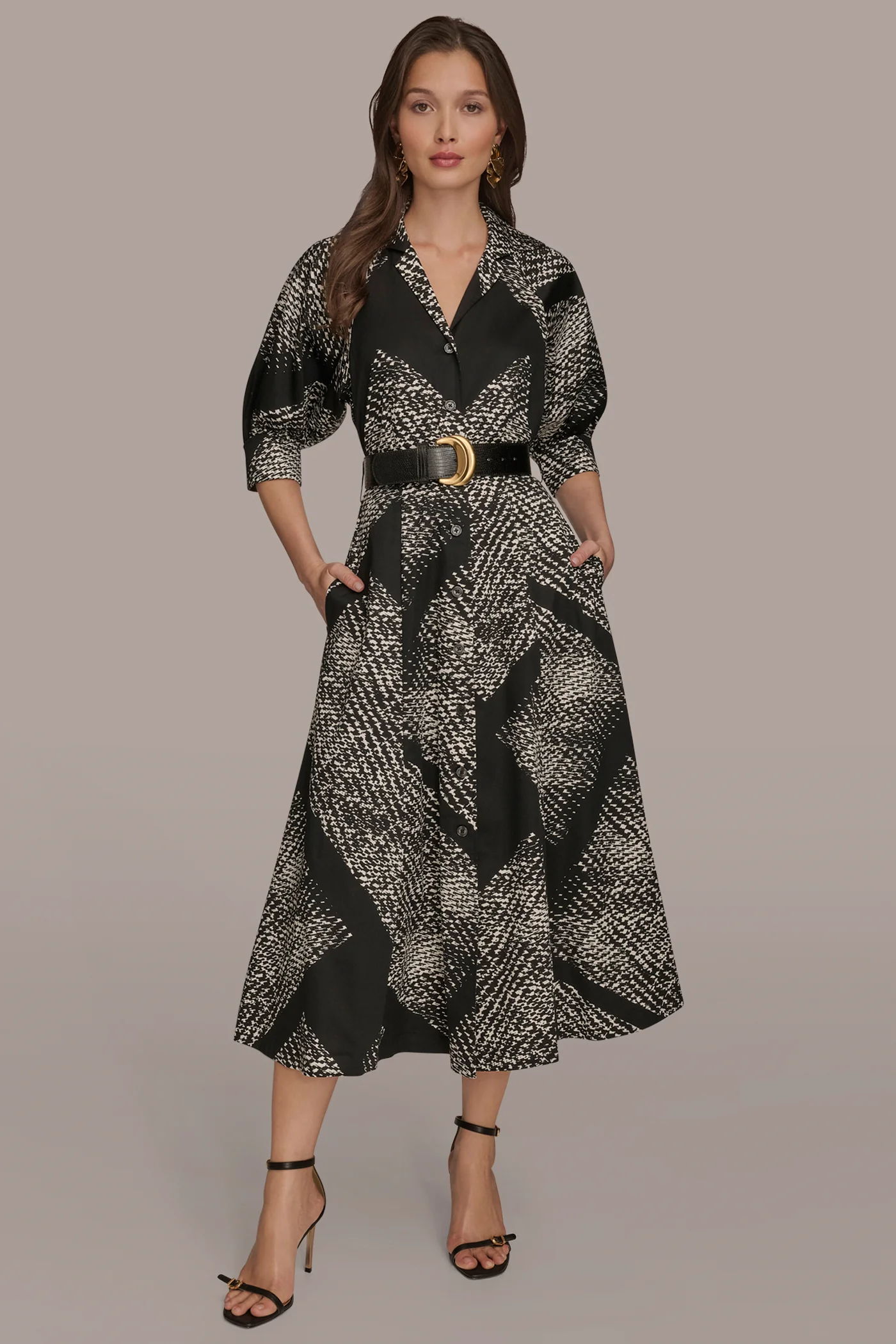 PUFF SLEEVE COTTON PRINTED MIDI SHIRT DRESS - VXVOV