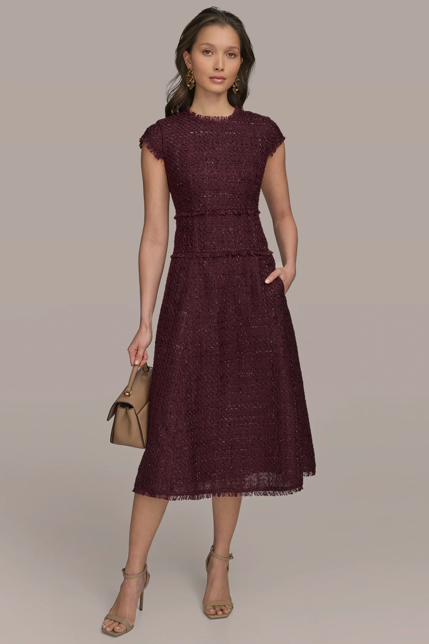 TWEED CAP SLEEVE MIDI A-LINE DRESS - VXVOV