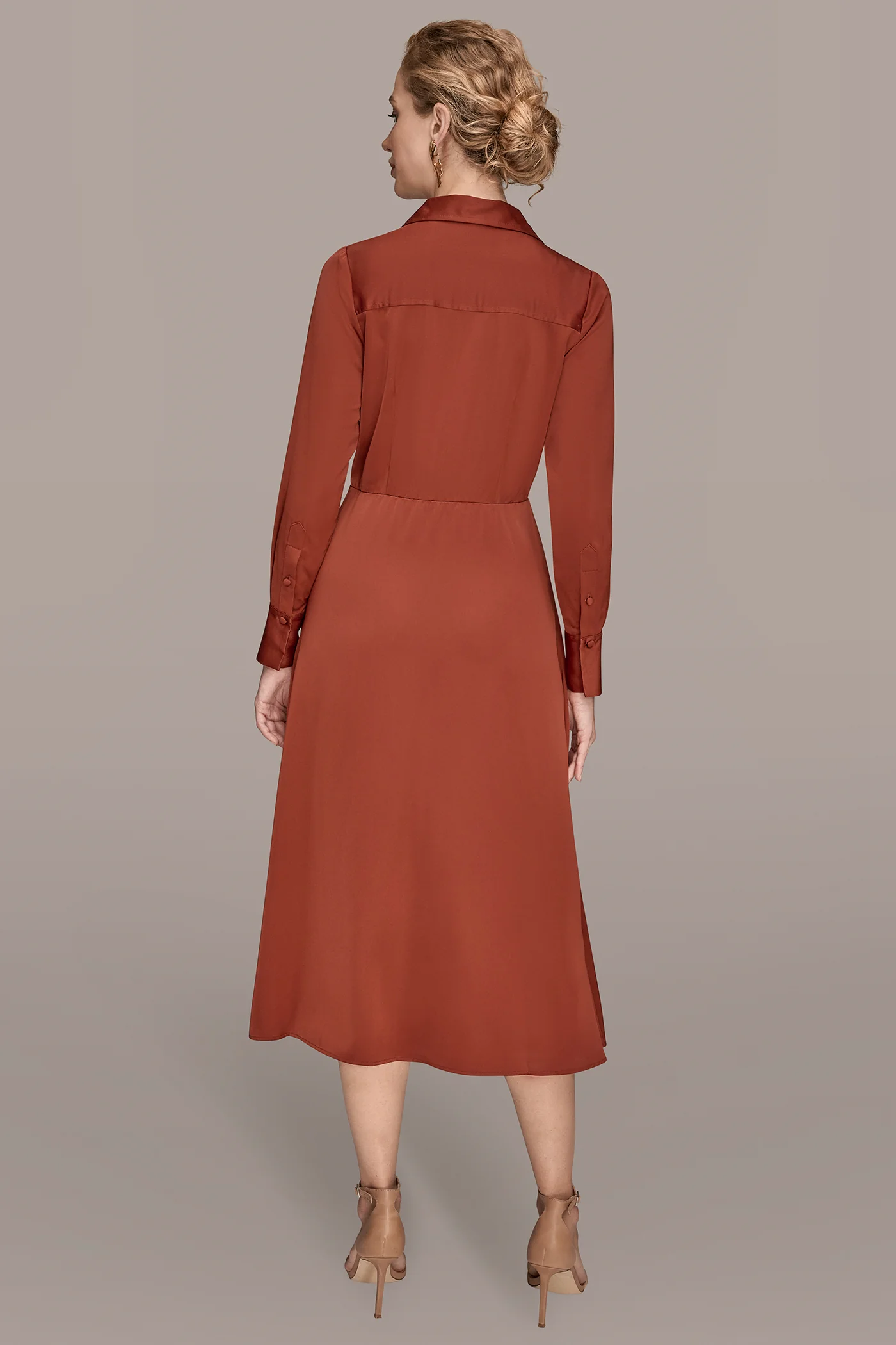 LONG SLEEVE SATIN MIDI SHIRT DRESS - VXVOV