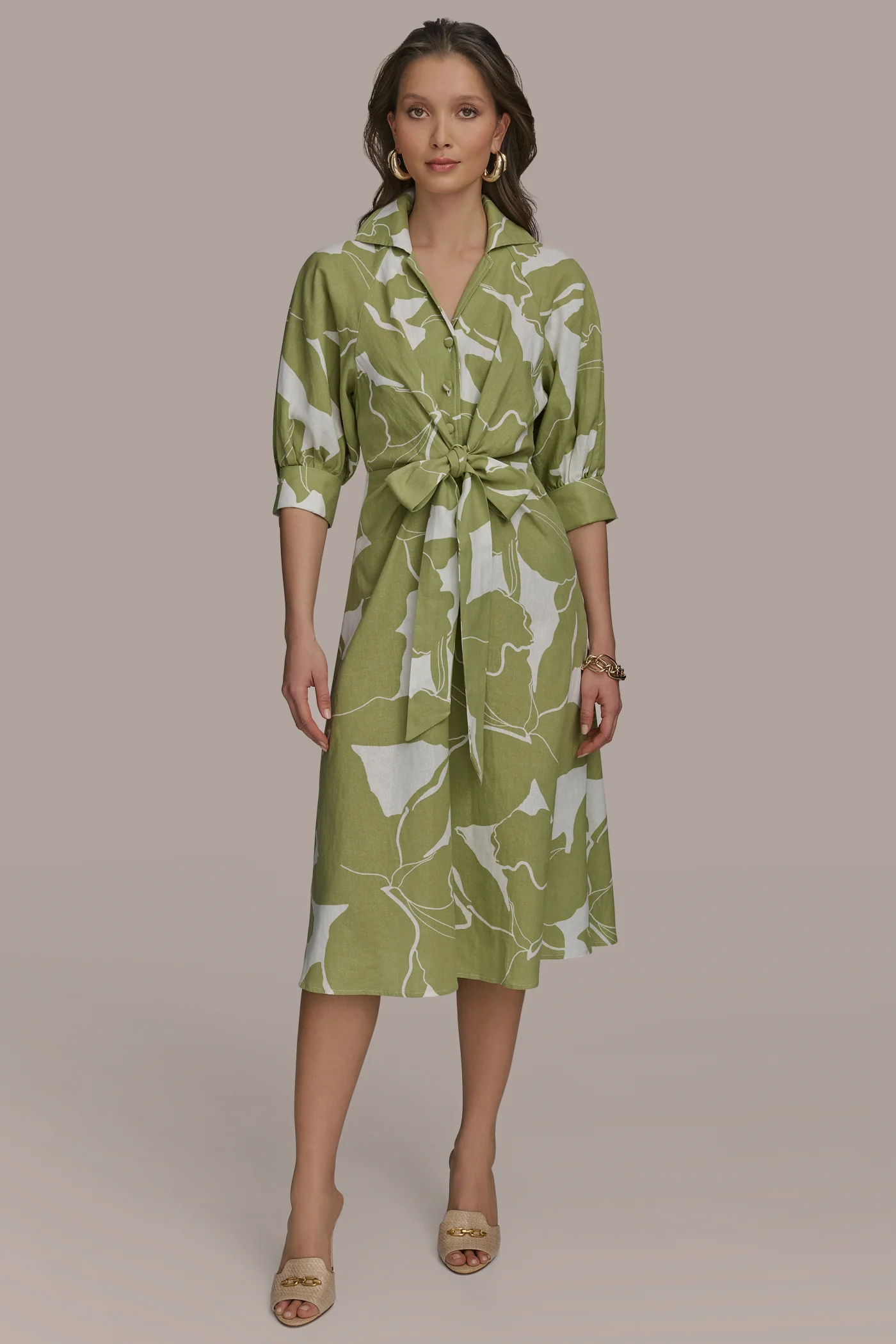 LINEN-BLEND FLORAL MIDI SHIRT DRESS - VXVOV