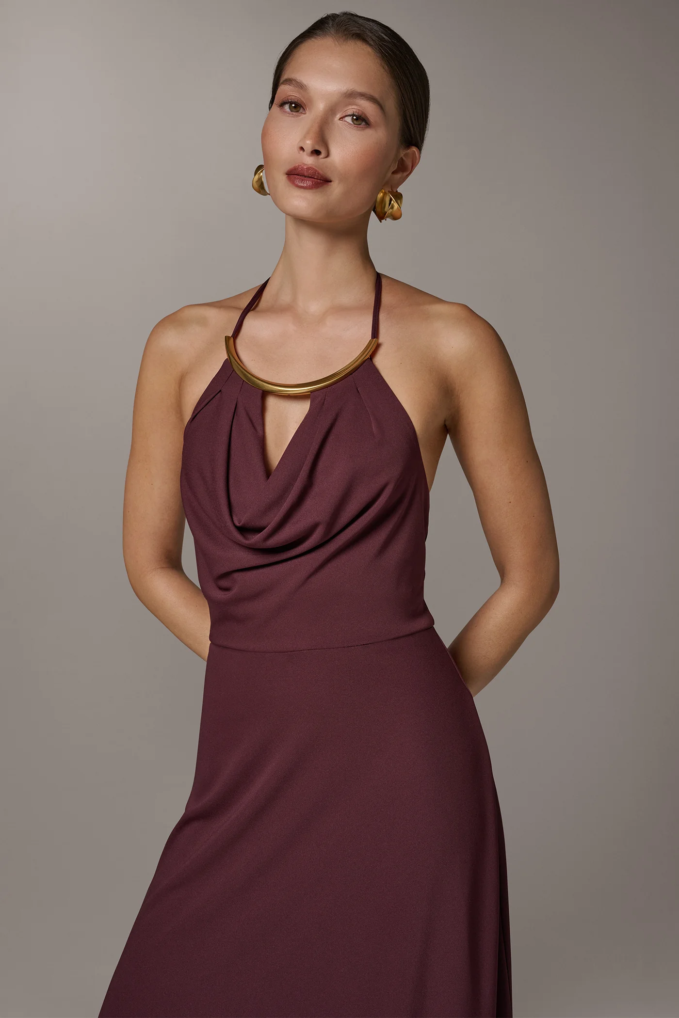 SLEEVELESS COWL NECK MIDI HALTER DRESS - VXVOV