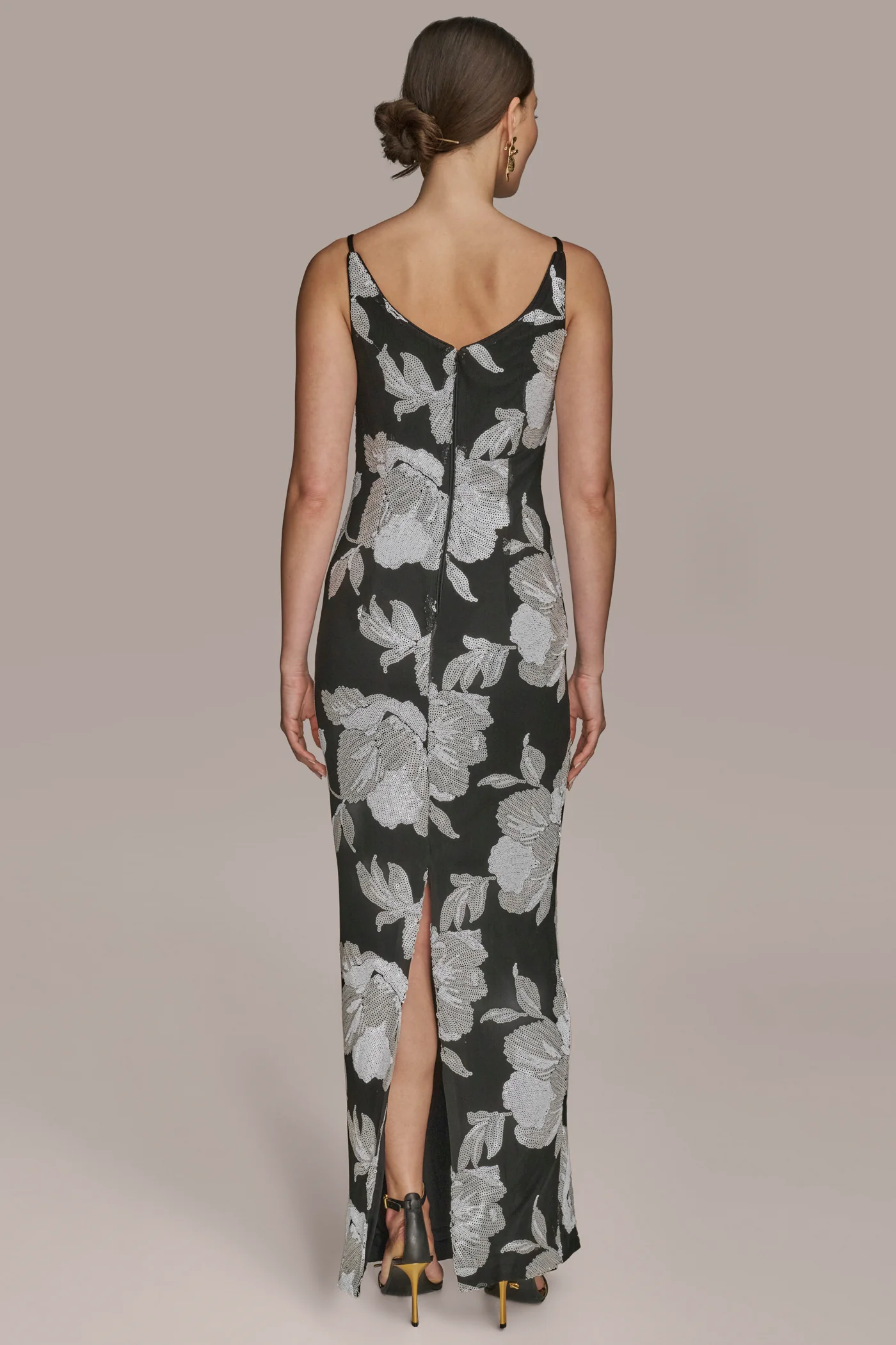 FLORAL SEQUIN SLEEVELESS BOATNECK GOWN - VXVOV