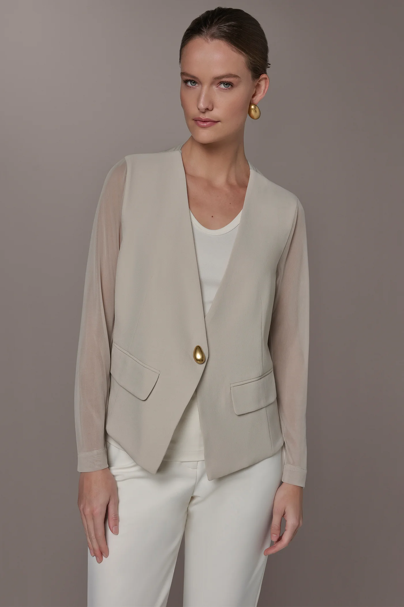 CHIFFON PANELED ONE BUTTON JACKET - VXVOV