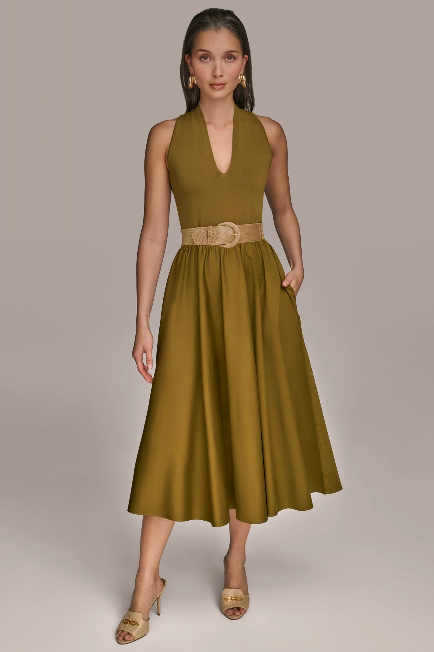 SLEEVELESS V-NECK MIDI MIXED-MEDIA DRESS - VXVOV