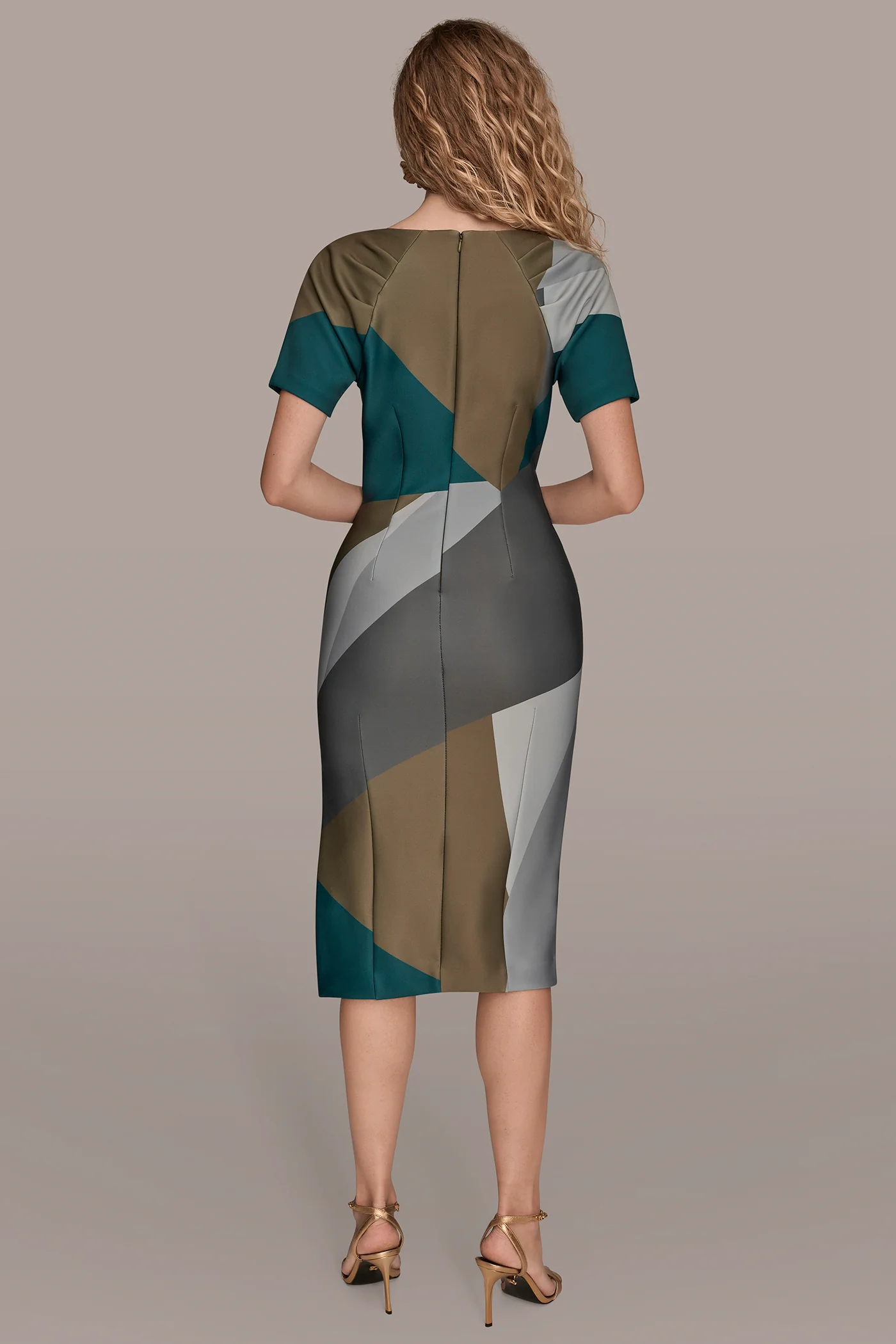 SHORT SLEEVE COLOR-BLOCK MIDI SHEATH DRESS - VXVOV