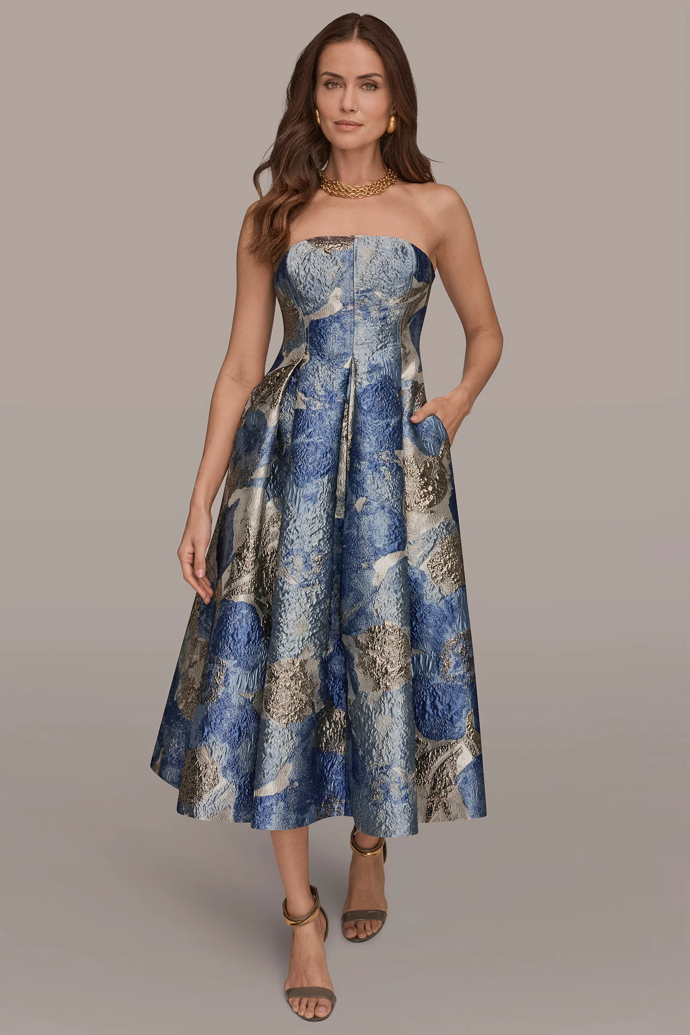 METALLIC FLORAL-JACQUARD SLEEVELESS MIDI GOWN - VXVOV