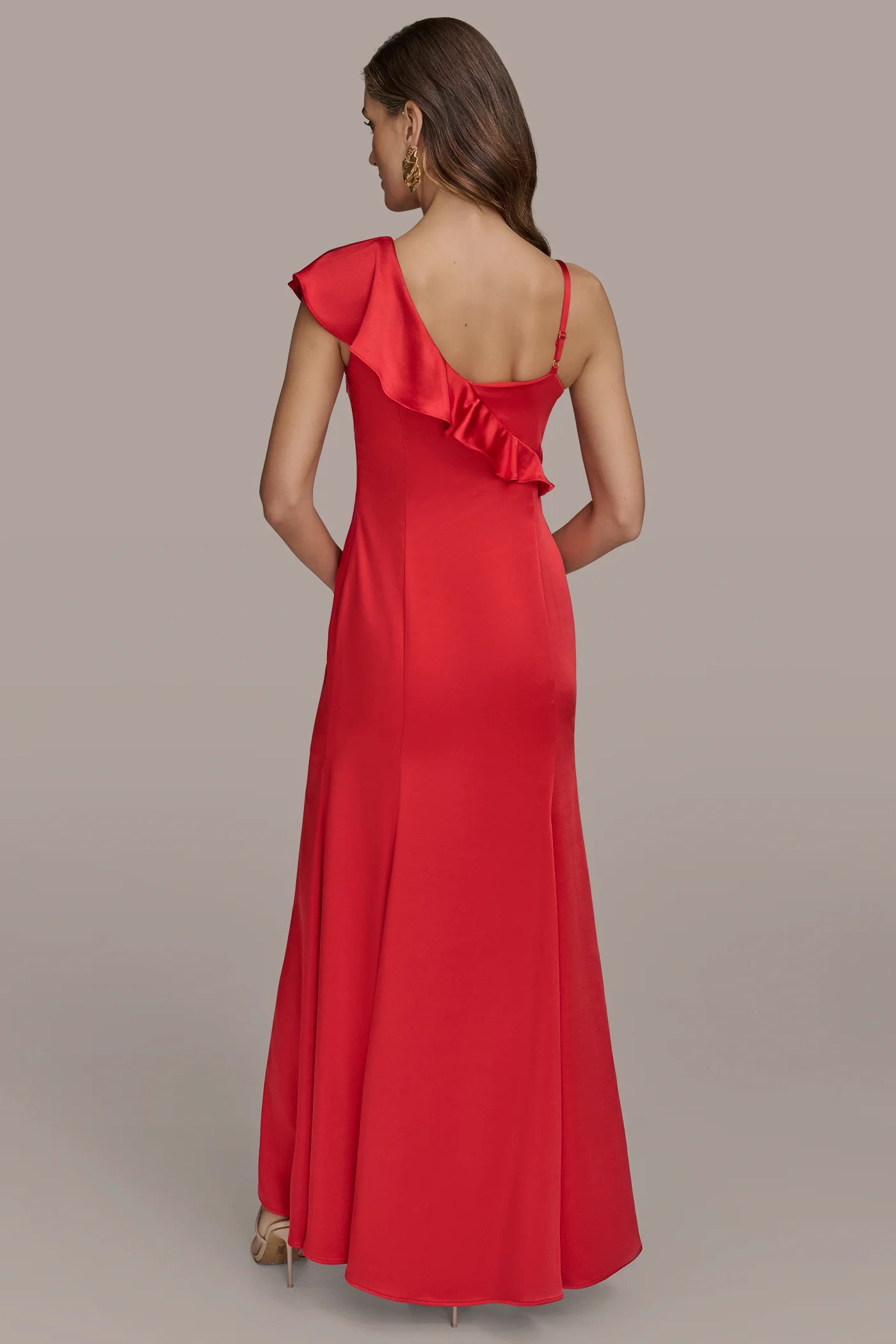 SATIN SLEEVELESS ASYMMETRIC RUFFLE GOWN - VXVOV