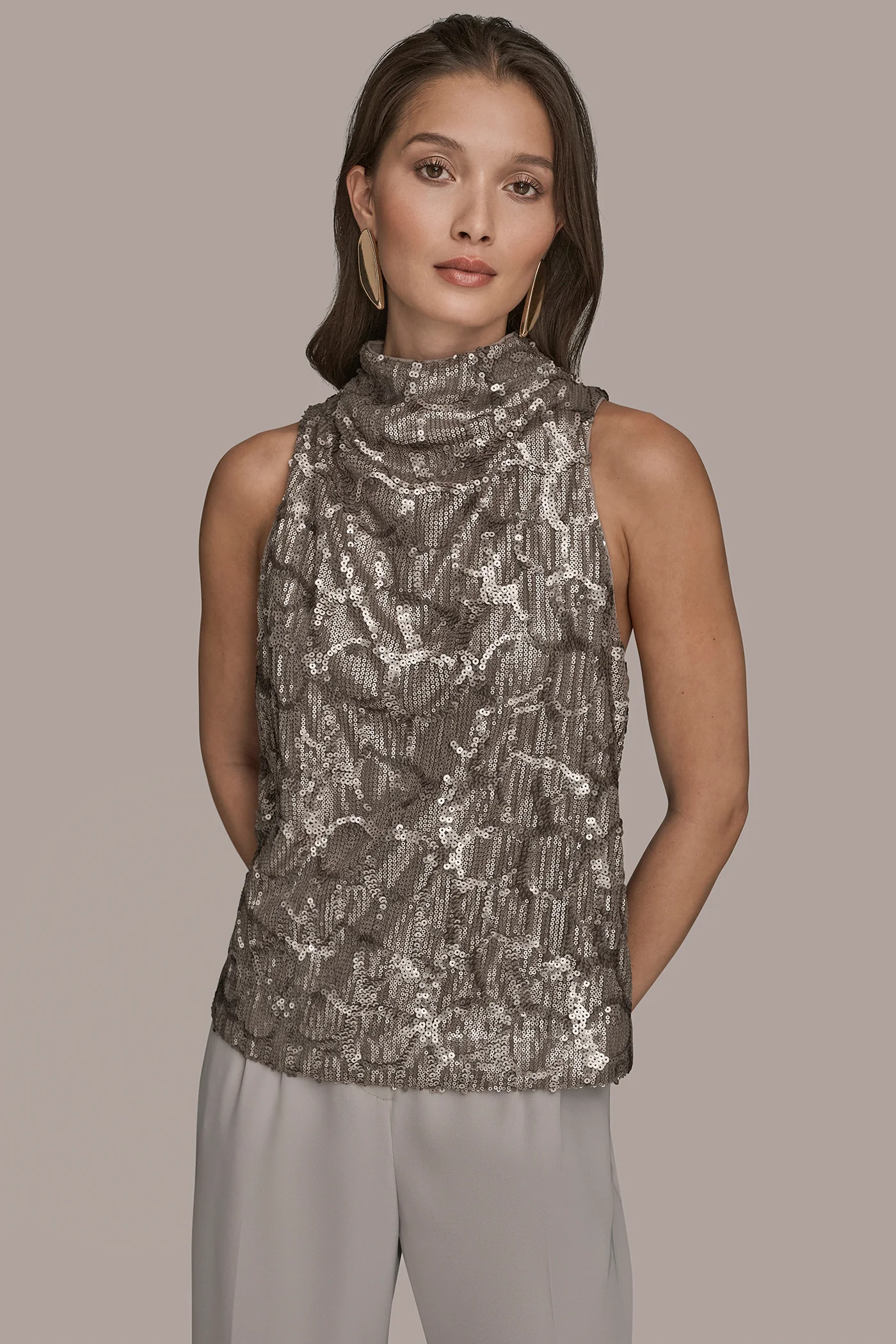 SLEEVELESS HIGH COWL-NECK SEQUIN TOP - VXVOV