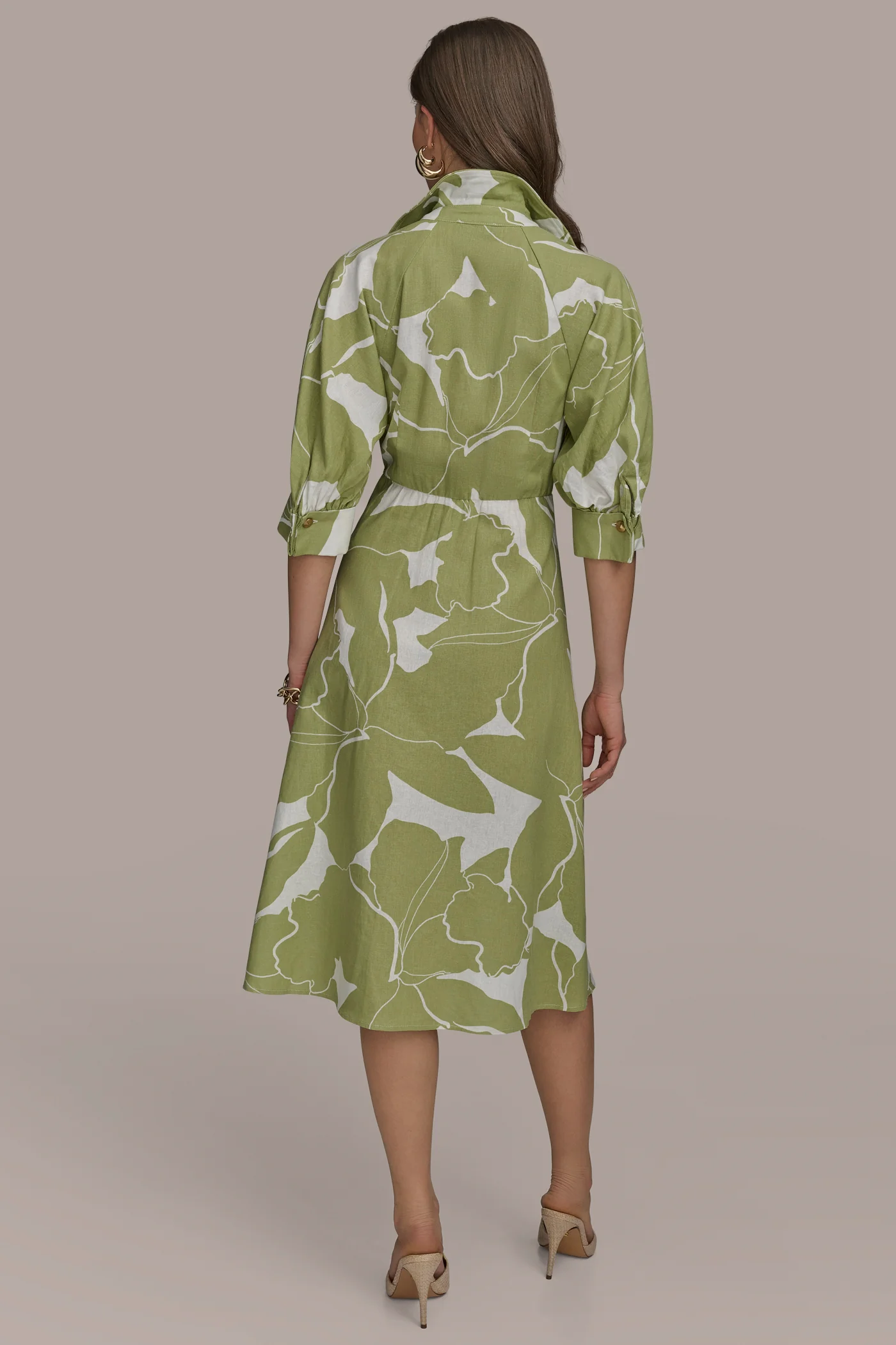LINEN-BLEND FLORAL MIDI SHIRT DRESS - VXVOV