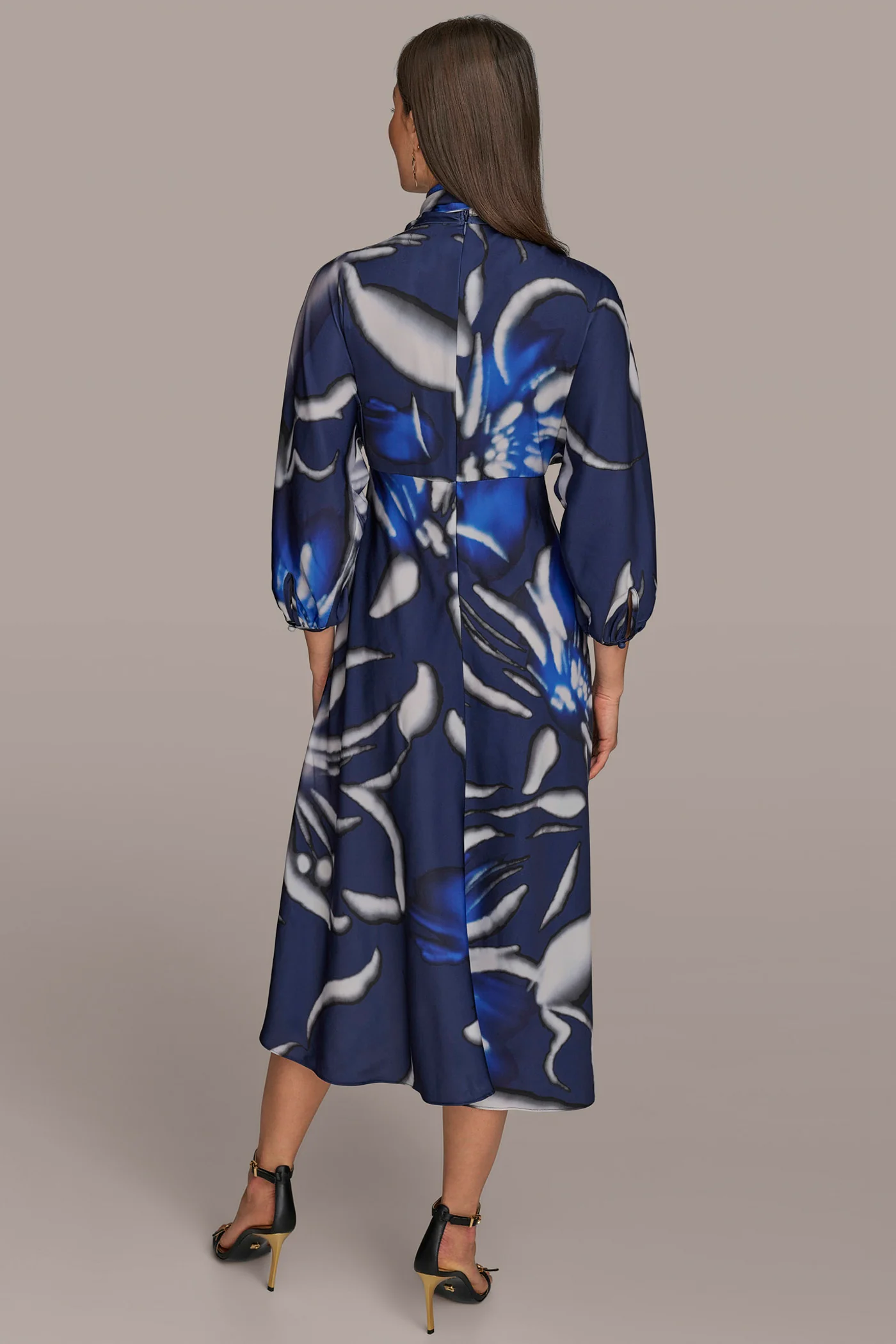 SATIN PUFF SLEEVE TIE-NECK MIDI DRESS - VXVOV