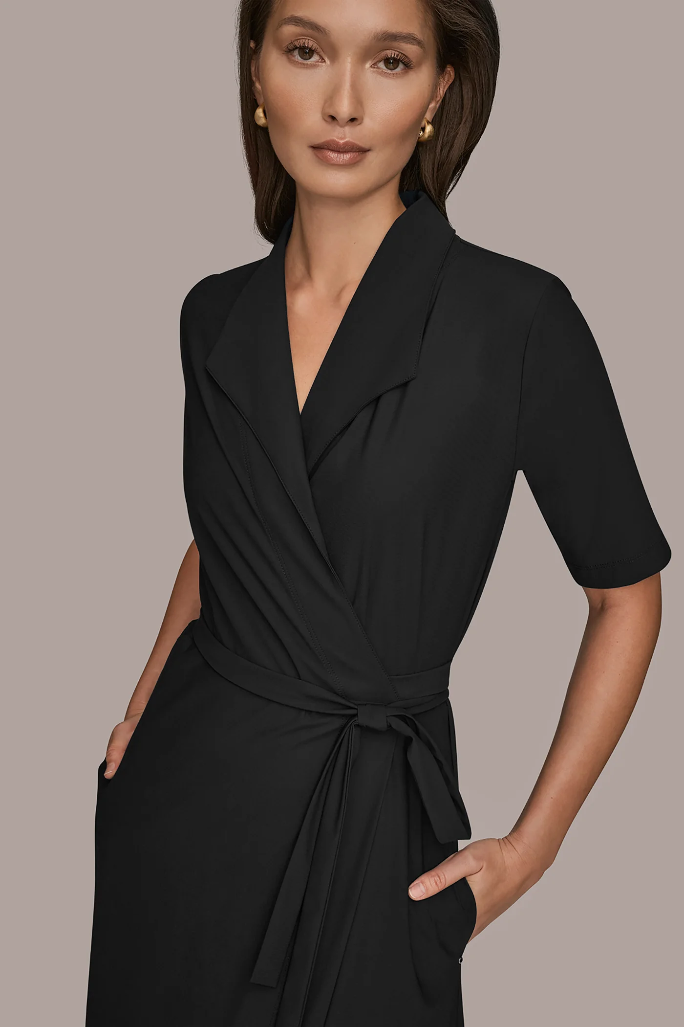ELBOW-SLEEVE MIDI WRAP DRESS - VXVOV