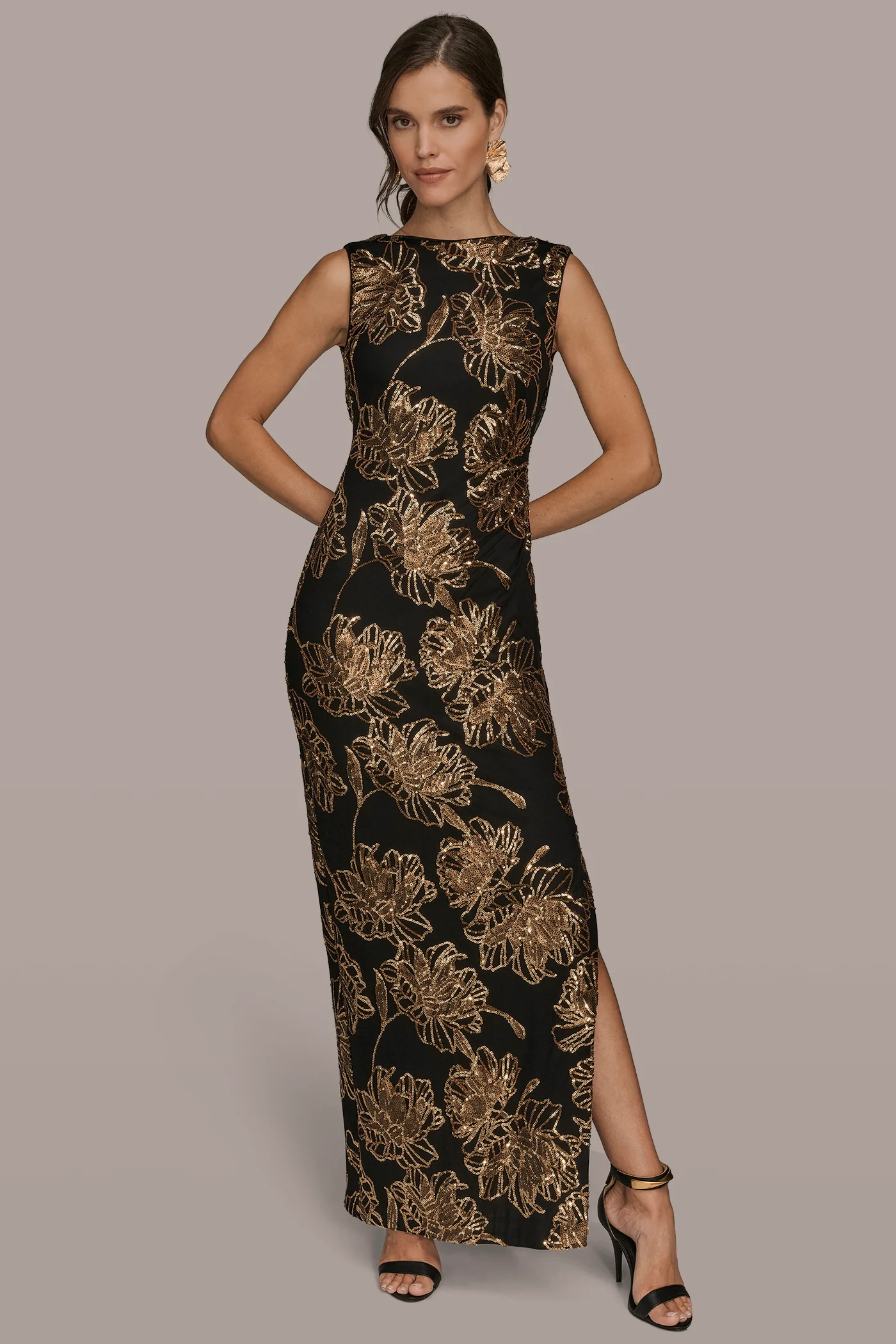 SLEEVELESS FLORAL SEQUIN GOWN - VXVOV