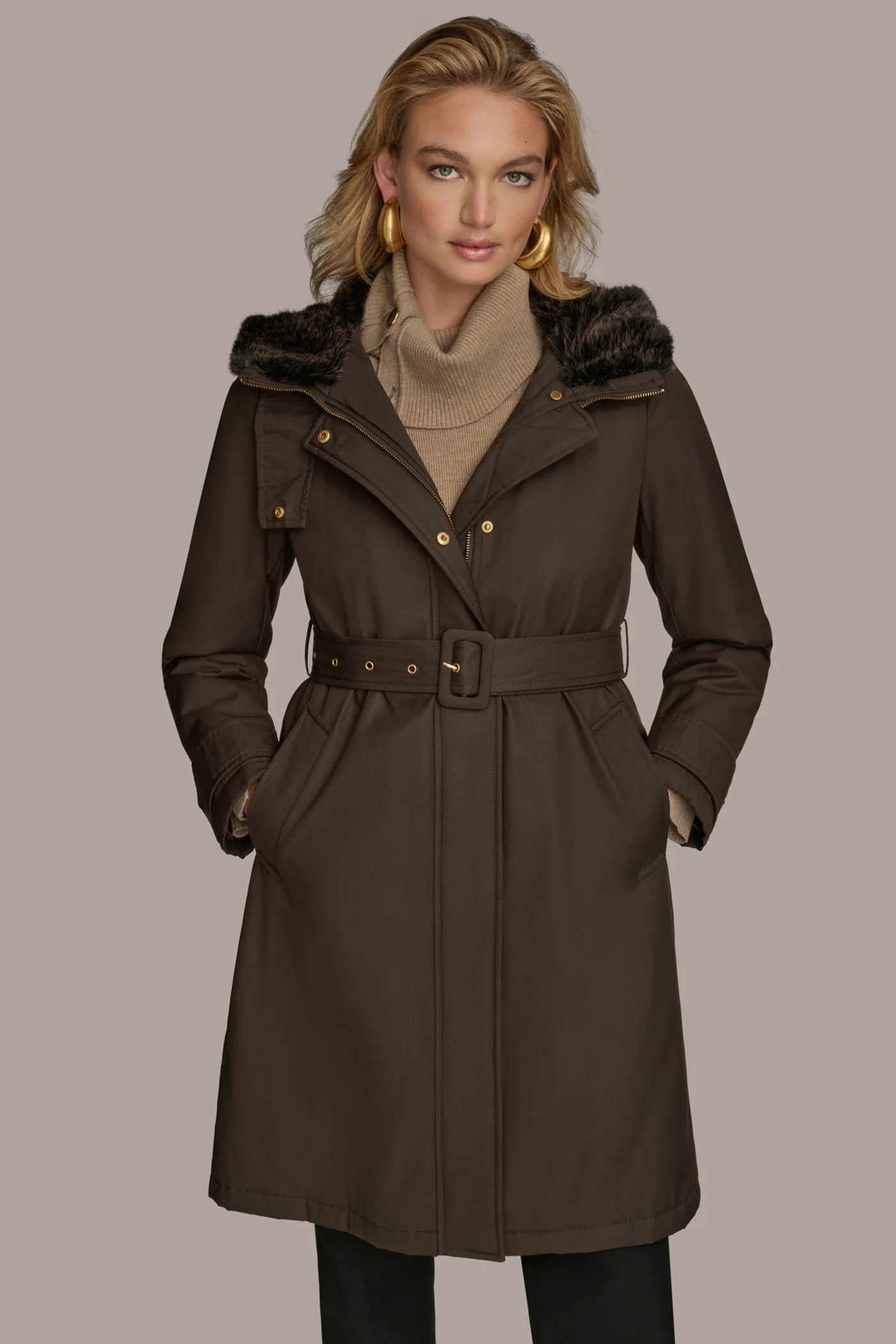 FAUX FUR TRIM LINED RAIN COAT - VXVOV